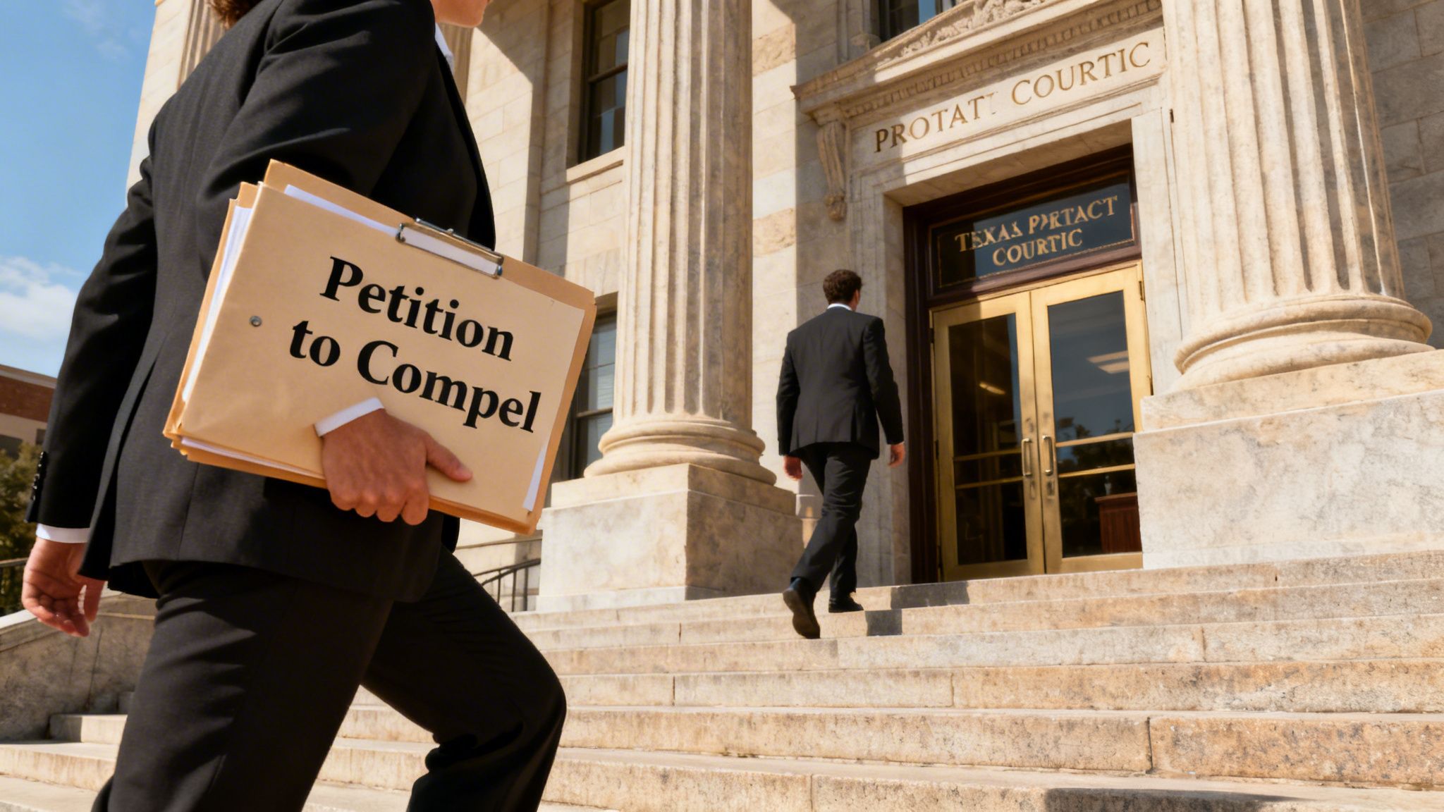 A person holding a 'Petition to Compel' document walks towards a grand courthouse building with columns.