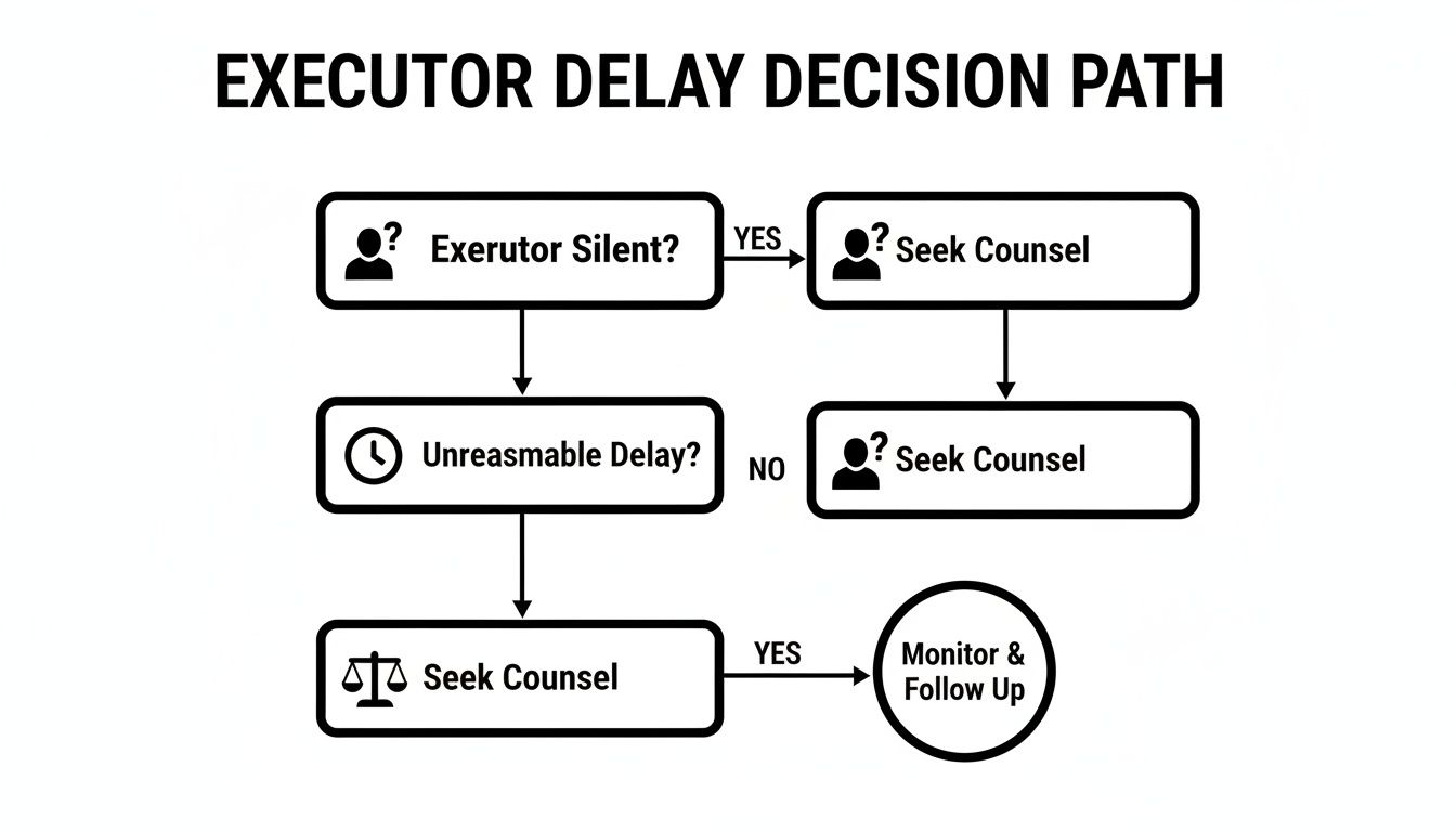 Flowchart outlining decision steps for executor delay, including seeking counsel or monitoring.