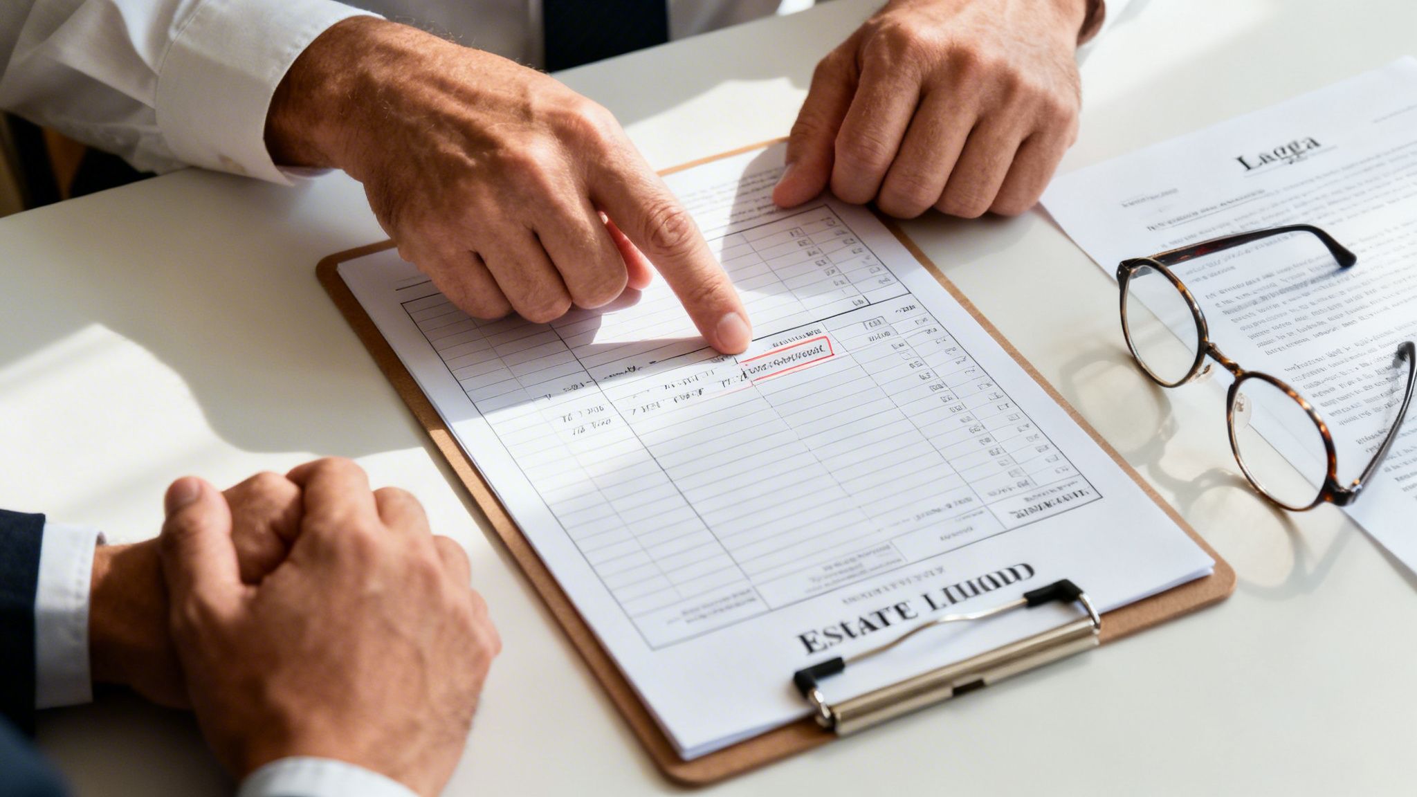 Two people reviewing a financial document on a clipboard, one pointing to an item.