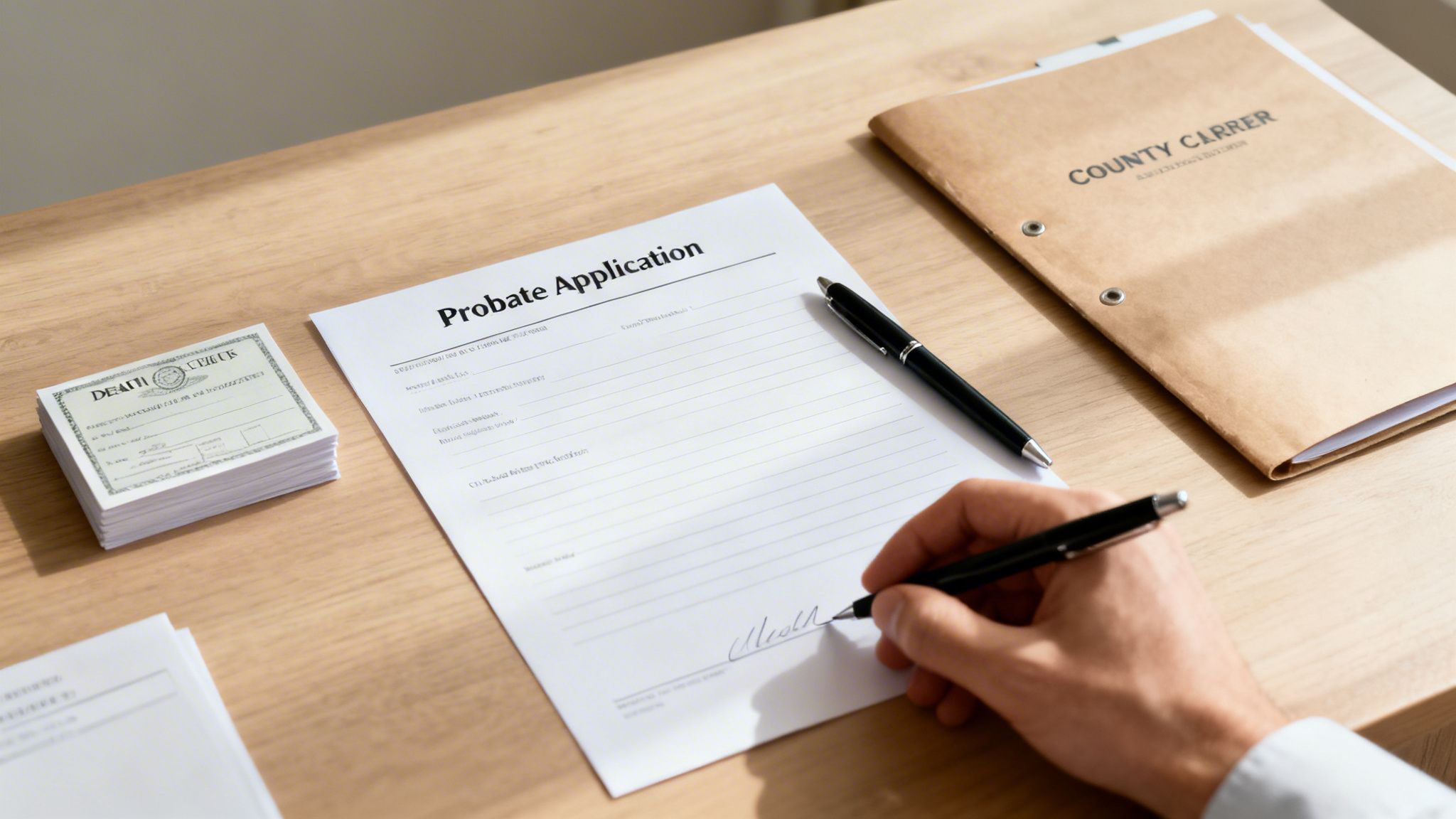 Hand signing a probate application form on a desk with death certificates and a legal folder.