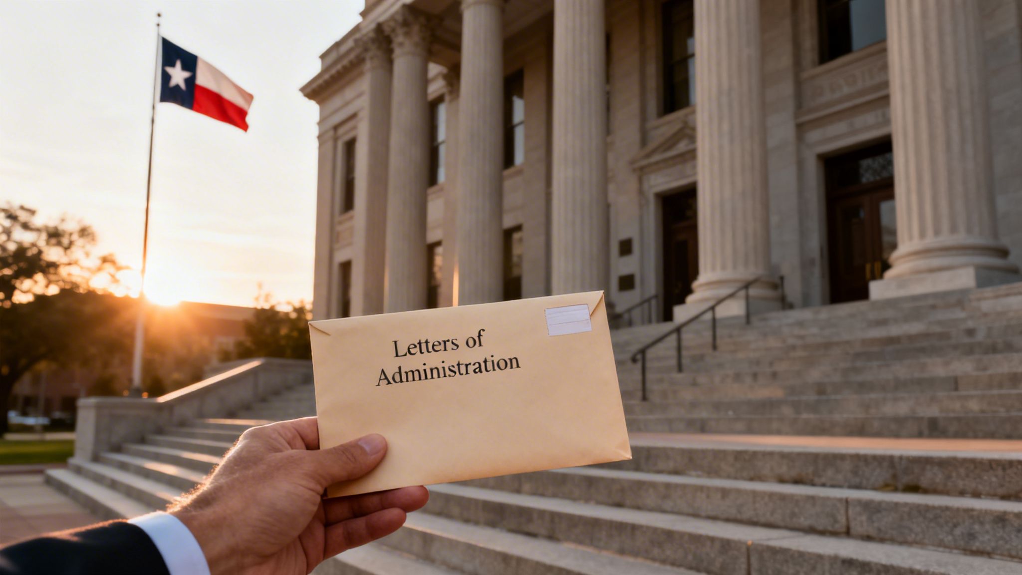 A hand holds an envelope labeled 'Letters of Administration' in front of a Texas courthouse and flag.
