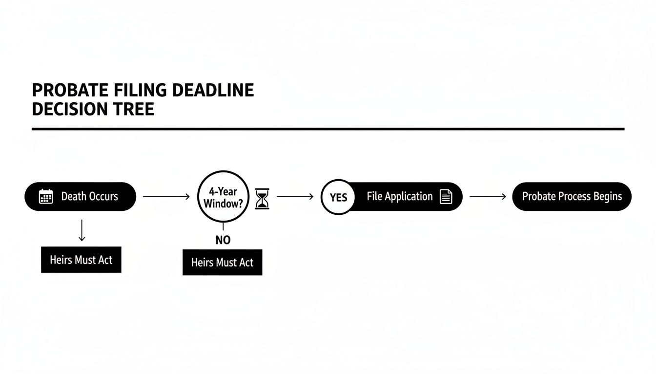 A probate filing deadline decision tree flowchart, illustrating steps from death to probate process beginning, including a 4-year window.