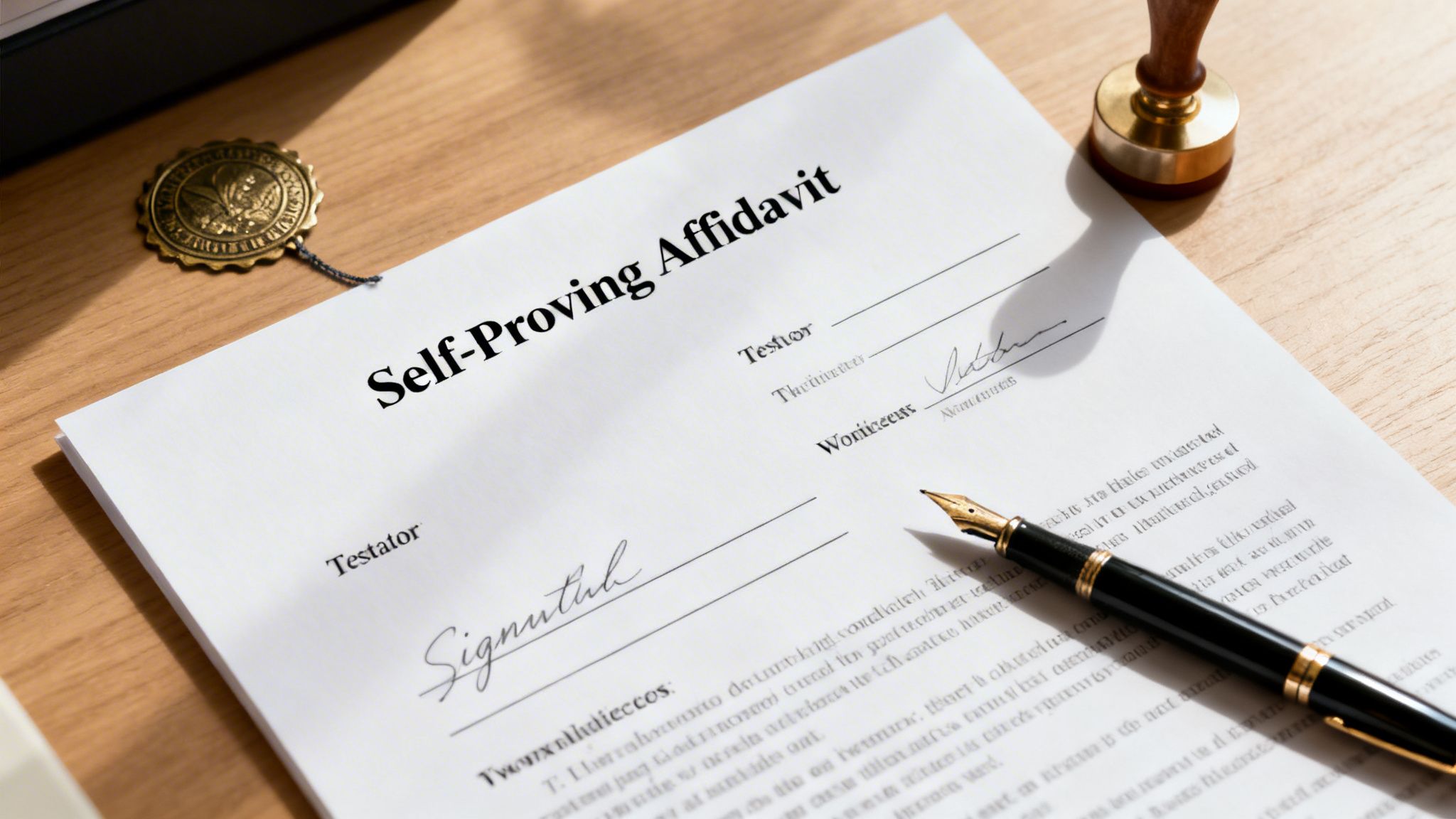 Self-Proving Affidavit document with signatures, a pen, and a notary seal on a wooden desk.