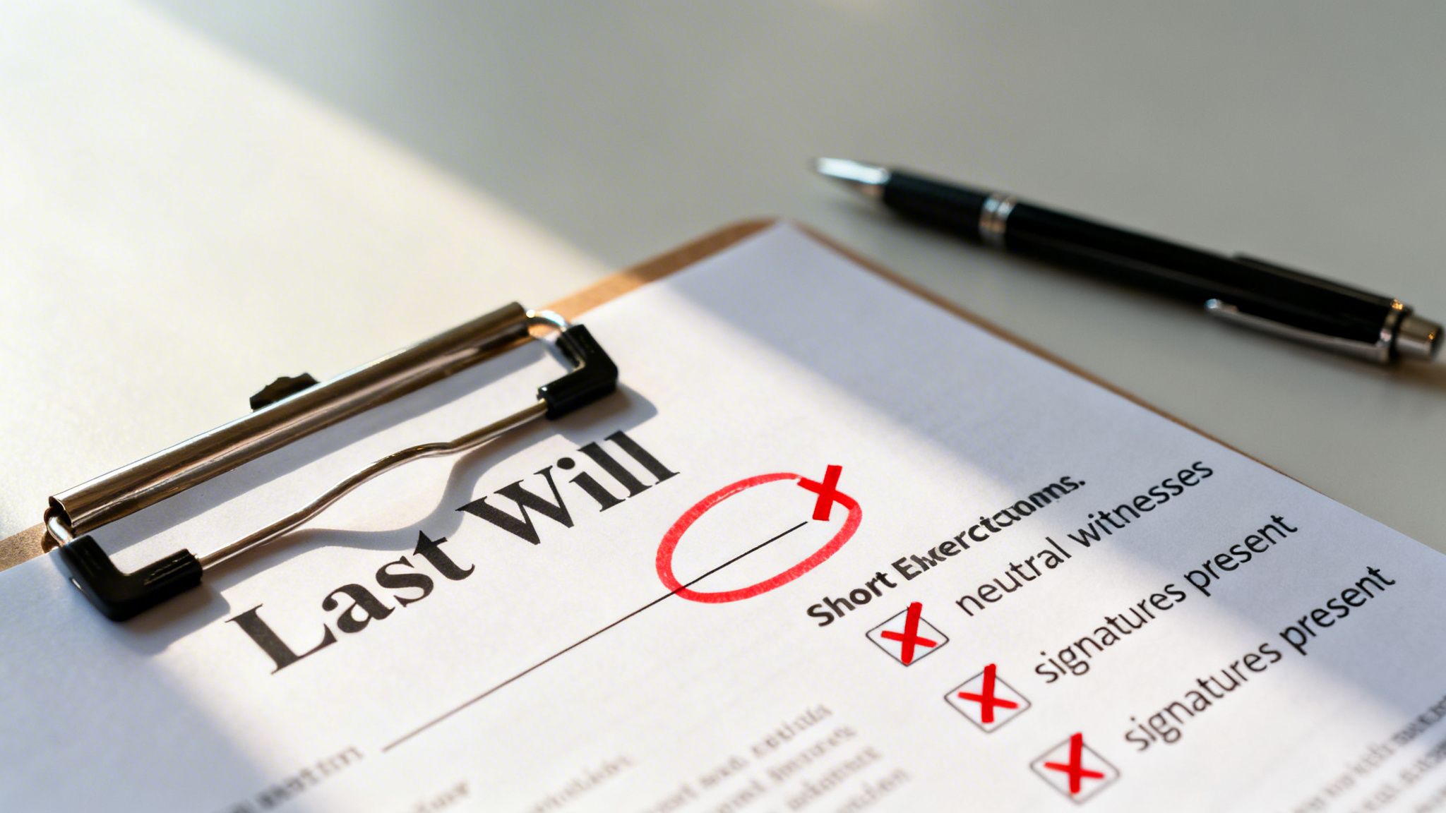 A Last Will document on a clipboard with a pen, showing checked boxes and red 'X' marks.