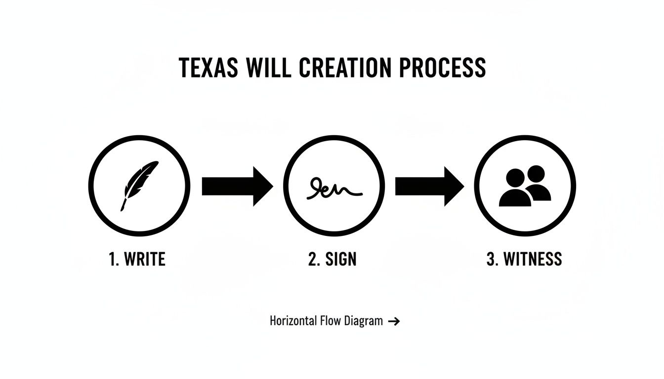 Horizontal flow diagram illustrating the three steps of the Texas will creation process: write, sign, witness.