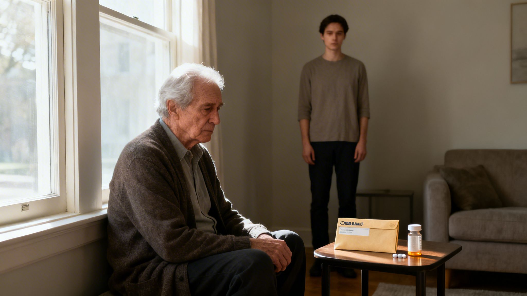 Elderly man sits somberly by a window, with pills and an envelope on a table, a younger man in the background.