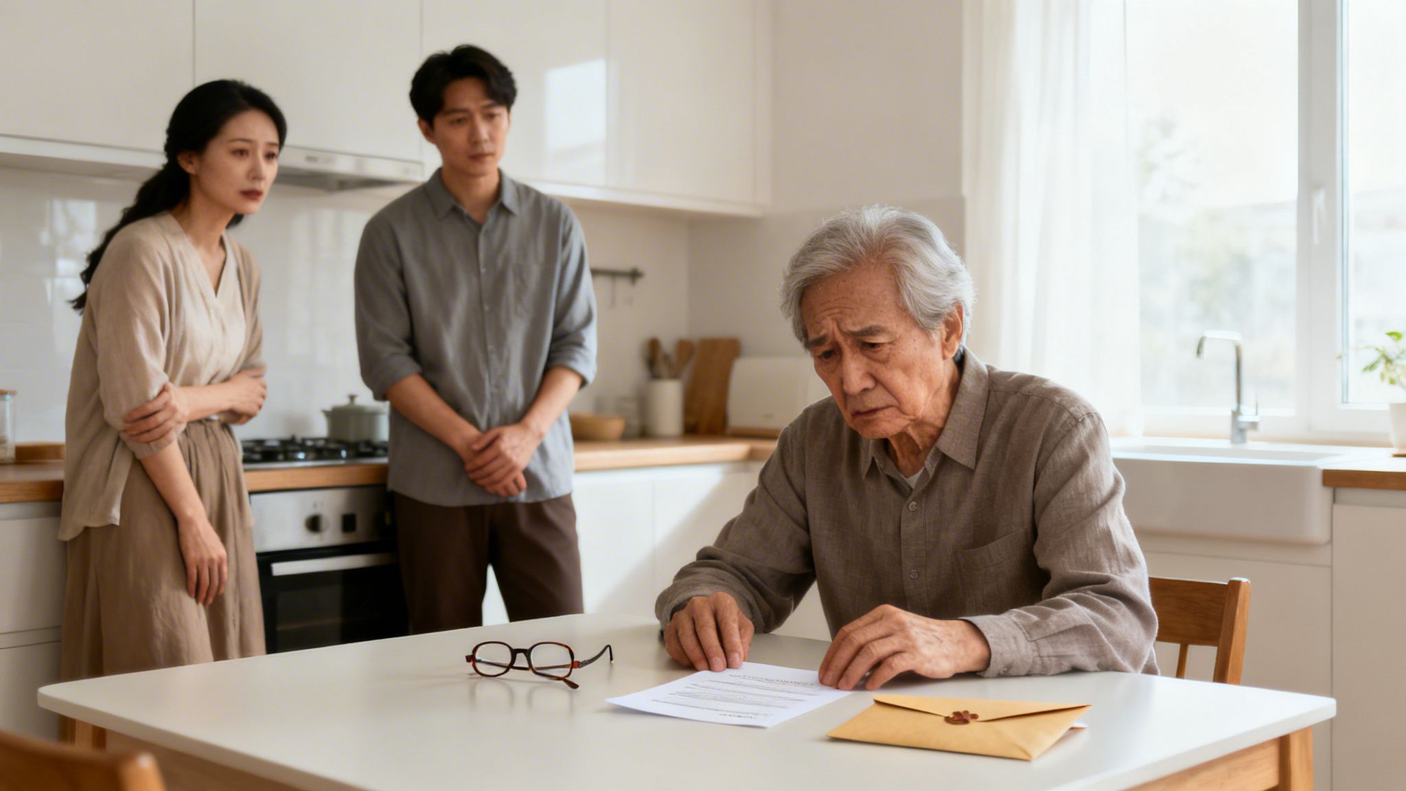 Elderly man sadly reads a document at a table, while a younger couple stands behind him concerned.