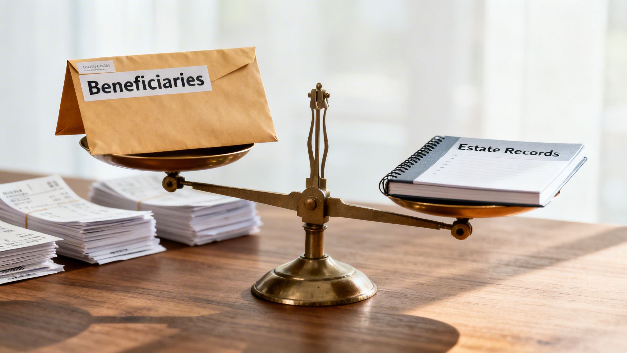 A balance scale shows an envelope labeled 'Beneficiaries' and a notebook titled 'Estate Records' in equilibrium.