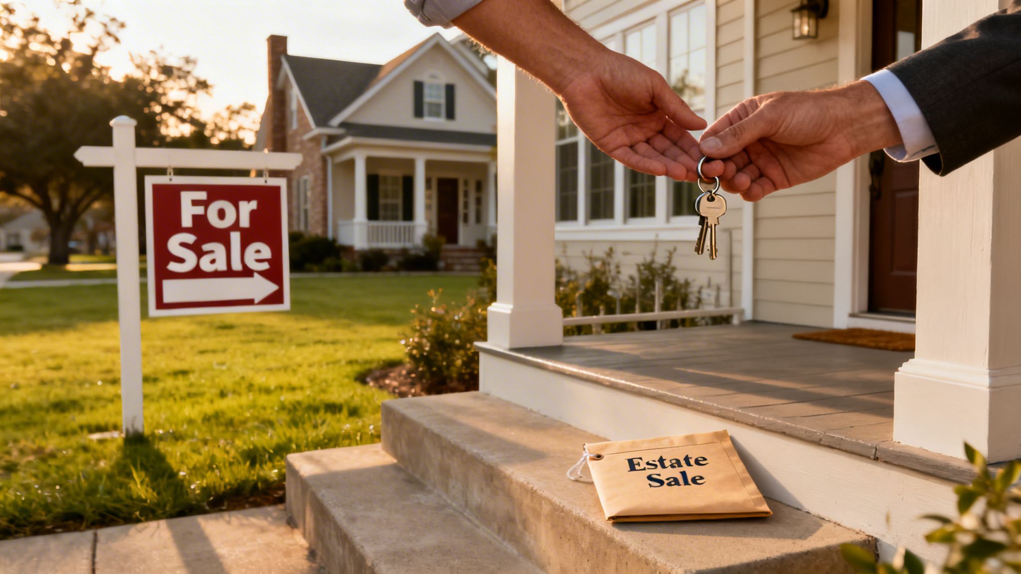 Hands exchanging house keys on a porch, with a 'For Sale' sign and 'Estate Sale' envelope, signifying a property transaction.