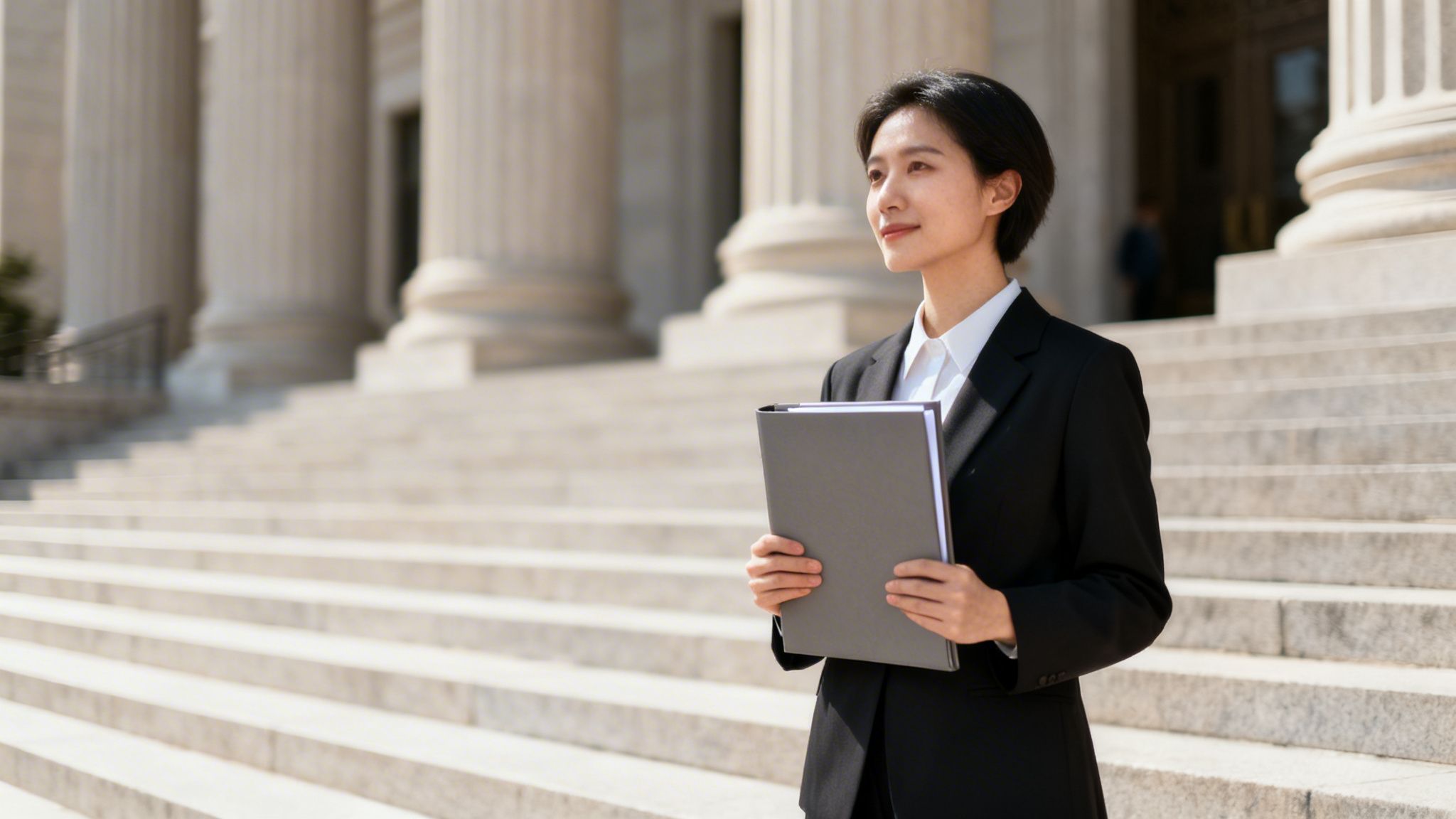 A professional Asian woman in a black suit stands on steps outside a courthouse, holding a folder.