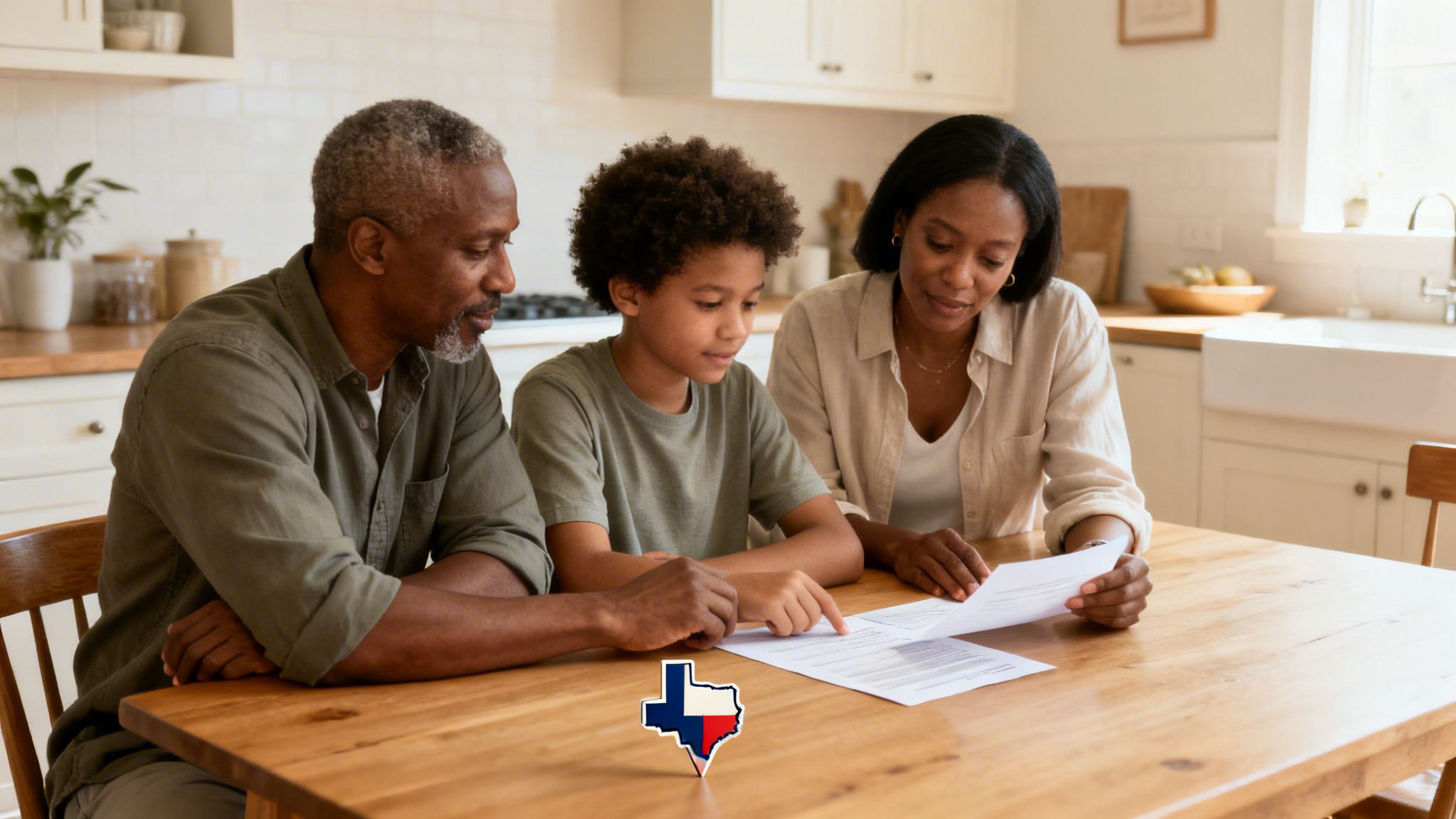 A multi-generational Black family reviews legal documents together at a kitchen table in Texas.