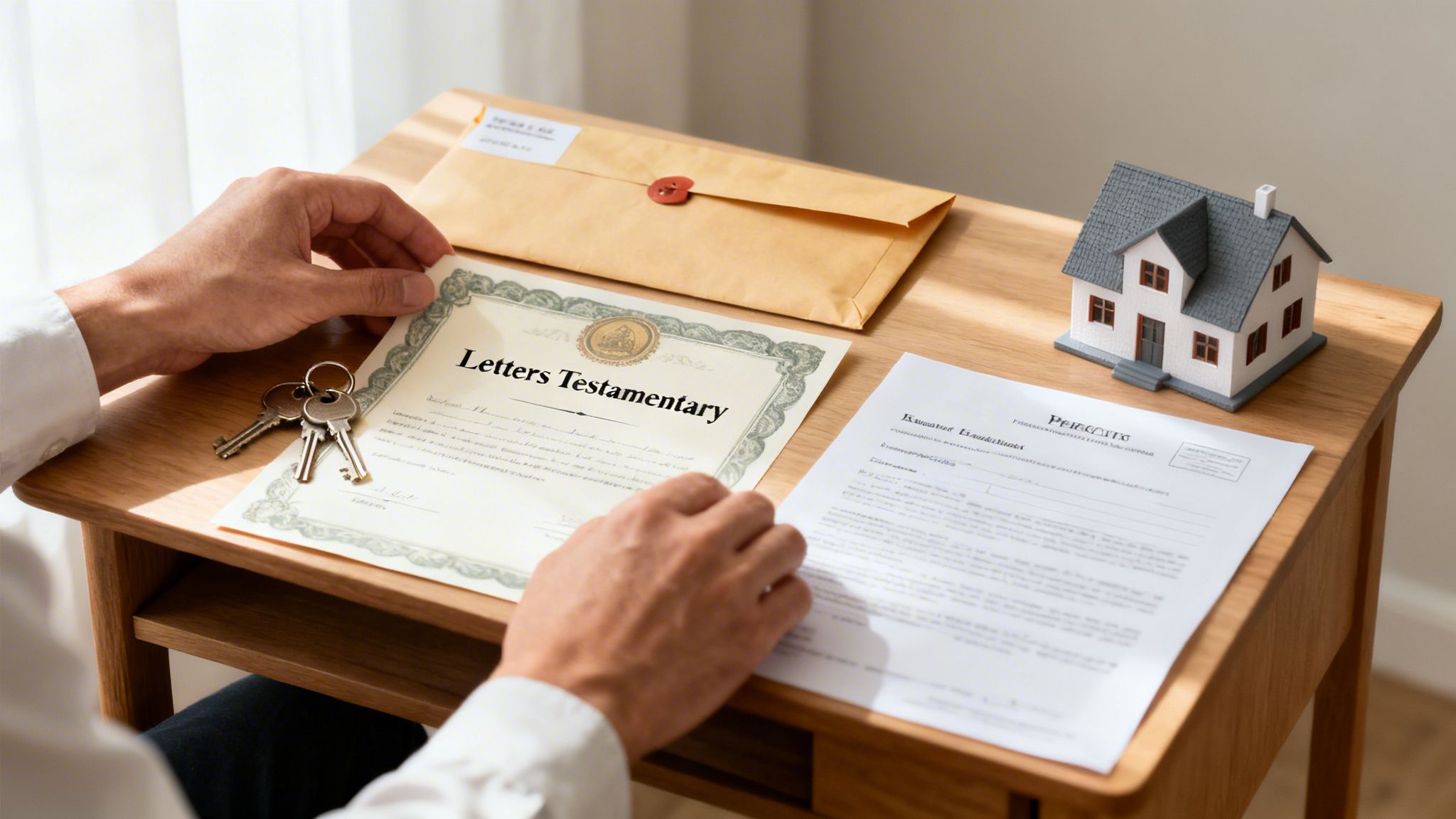 Hands holding a "Letters Testamentary" document with keys, an envelope, and a miniature house model.