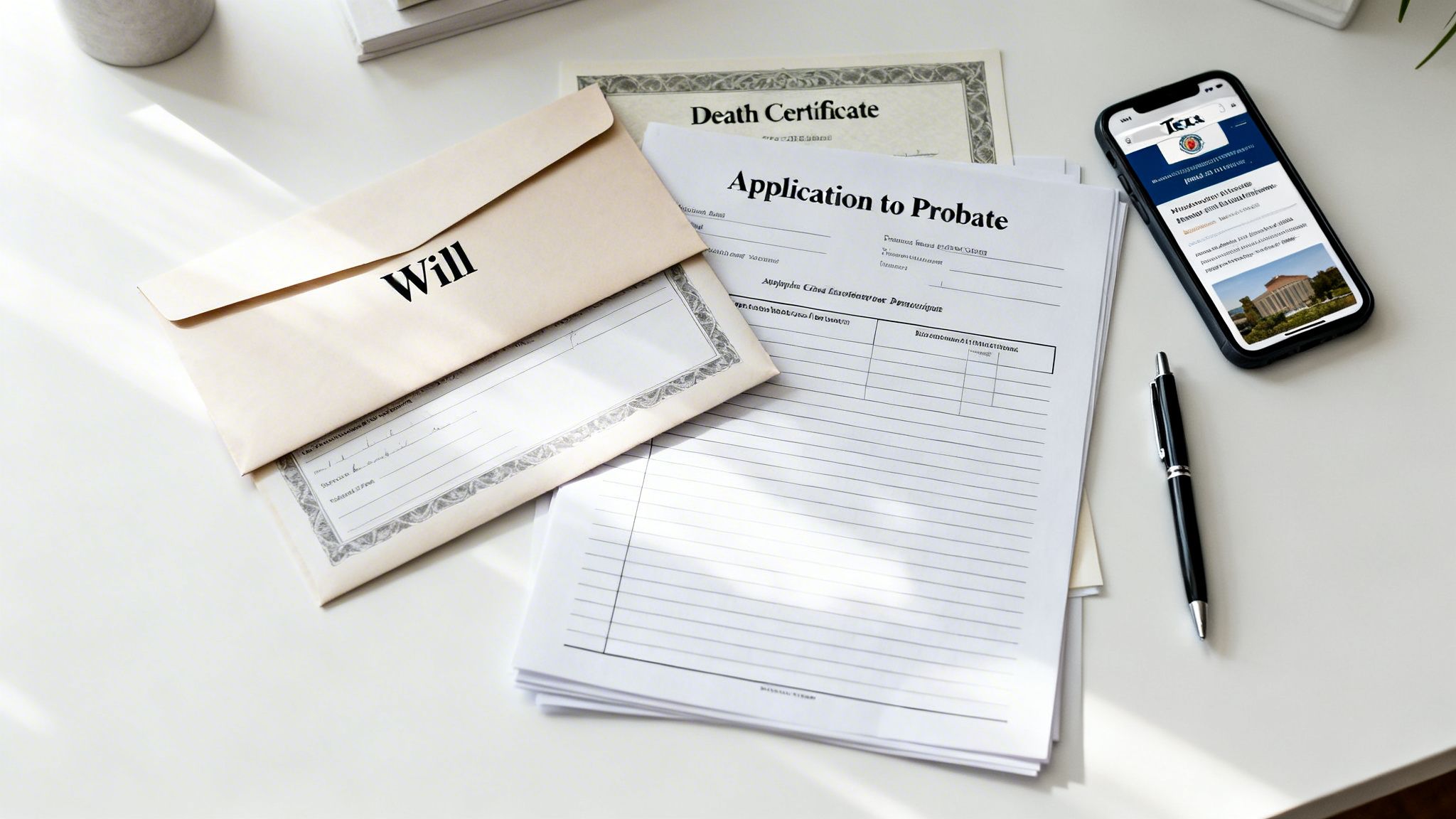 Legal documents including a Will envelope, Death Certificate, and Application to Probate, with a smartphone showing a Texas probate website.