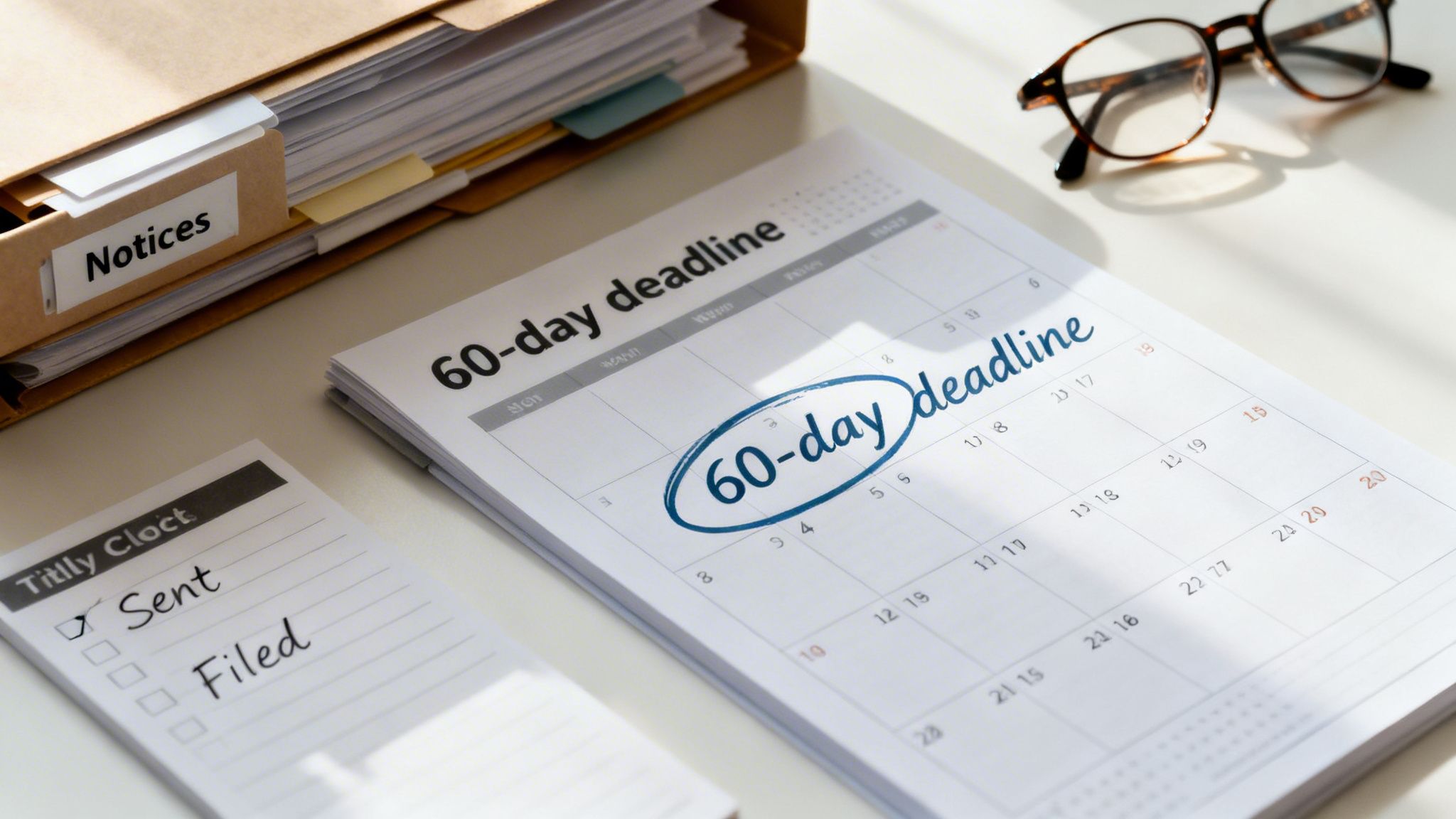 Office desk with a 'Notices' folder, a calendar highlighting a '60-day deadline', and a checklist.