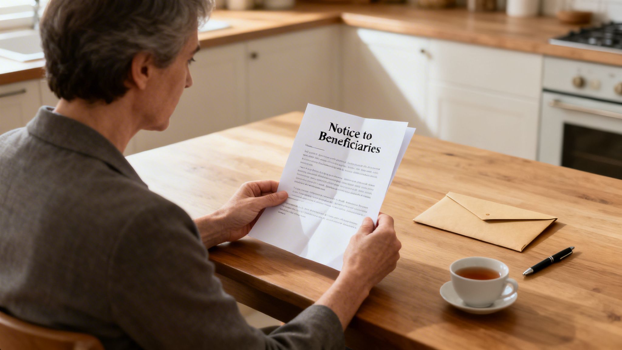 Senior man in a kitchen reading a "Notice to Beneficiaries" letter with a cup of tea.