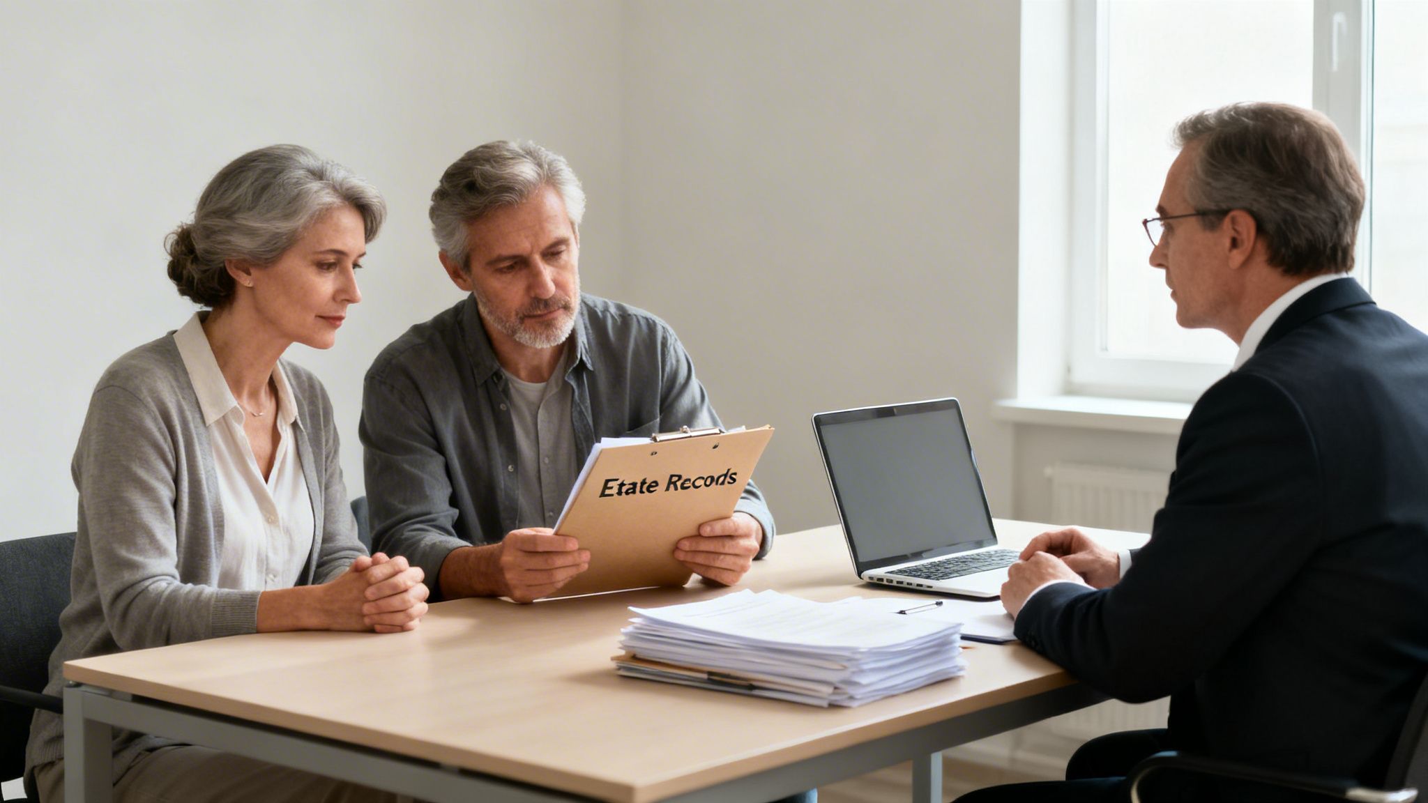 Older couple reviews estate records with a lawyer, discussing legal documents.