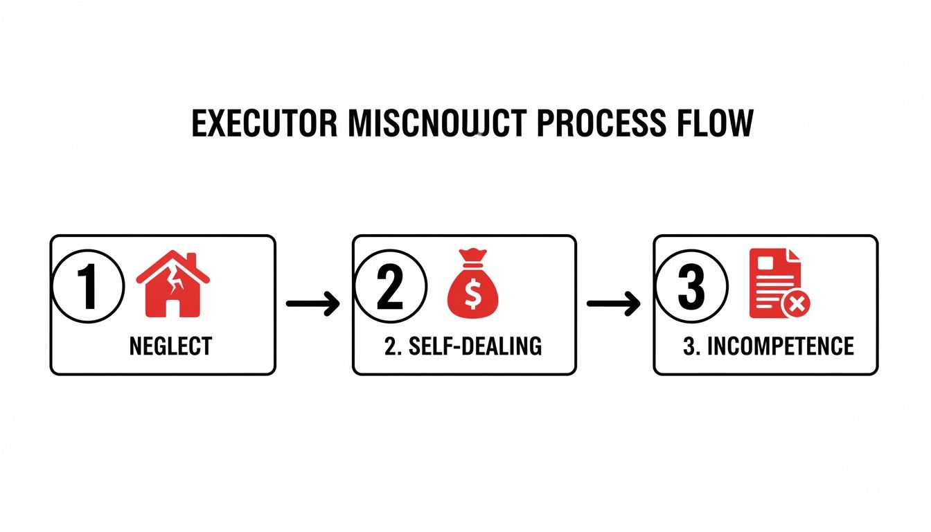 A process flow illustrating three reasons for executor removal: neglect, self-dealing, and incompetence.