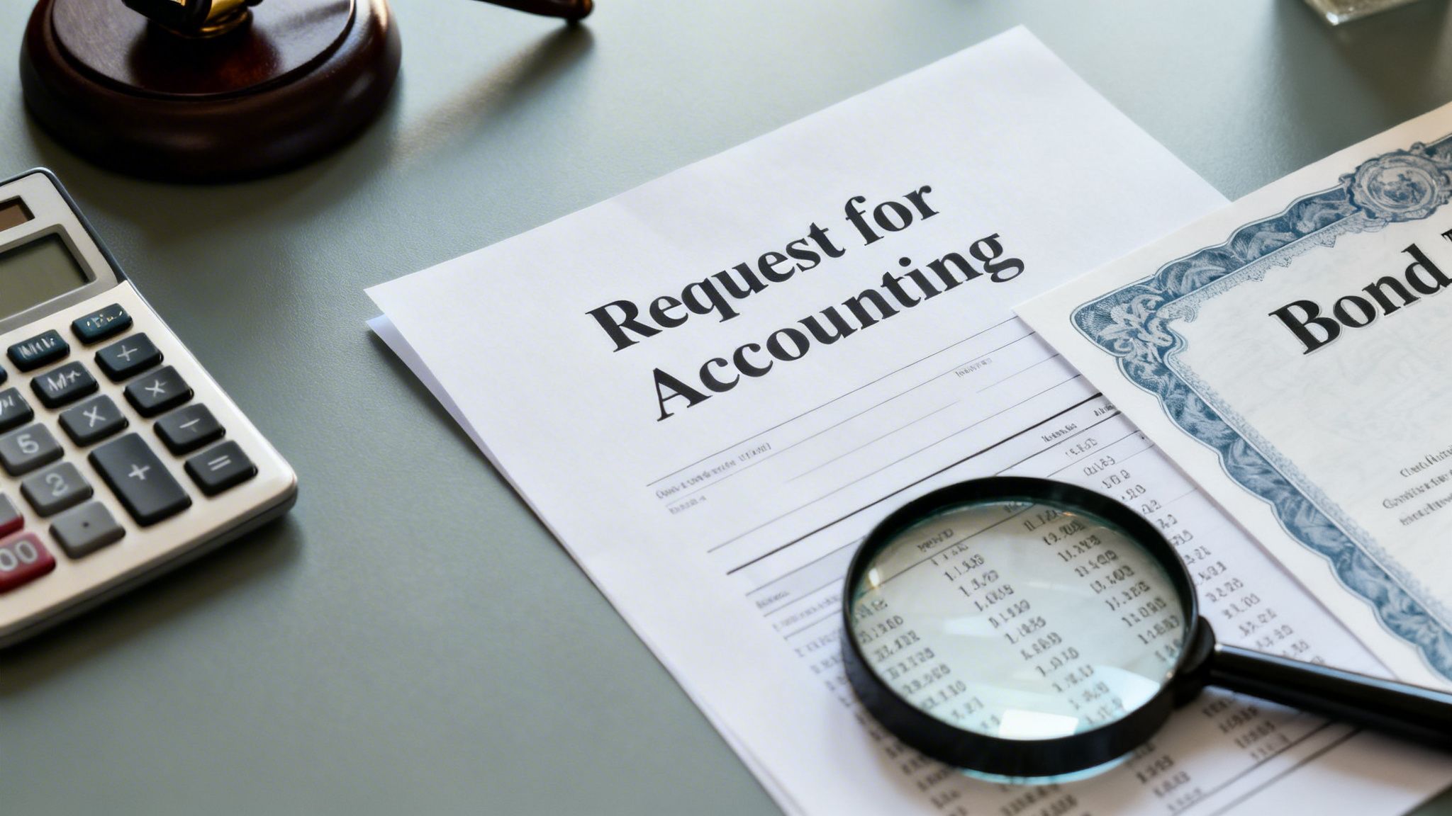 Financial documents with a calculator, gavel, magnifying glass, and 'Request for Accounting' form.