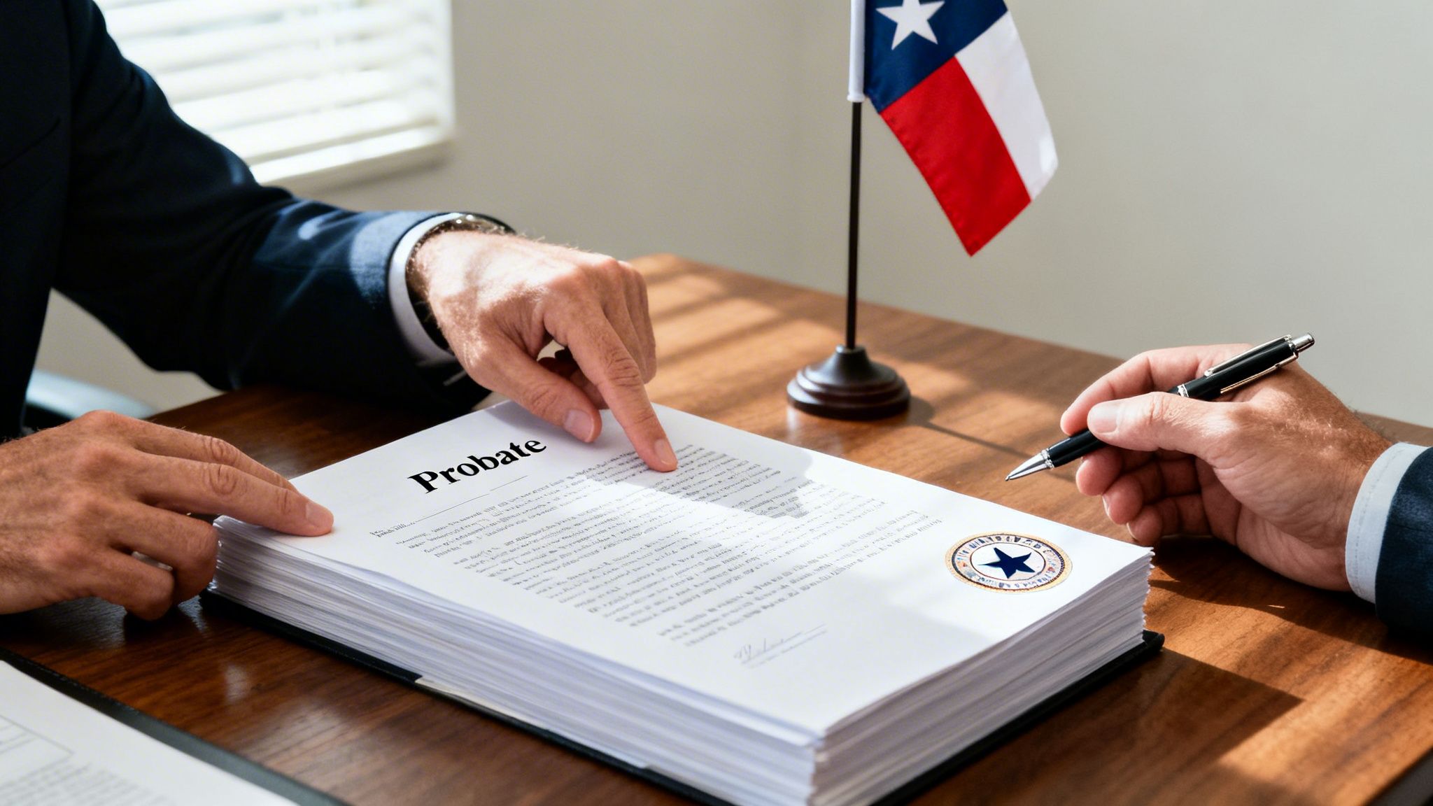Two individuals discussing a stack of 'Probate' documents on a table with a Texas flag.