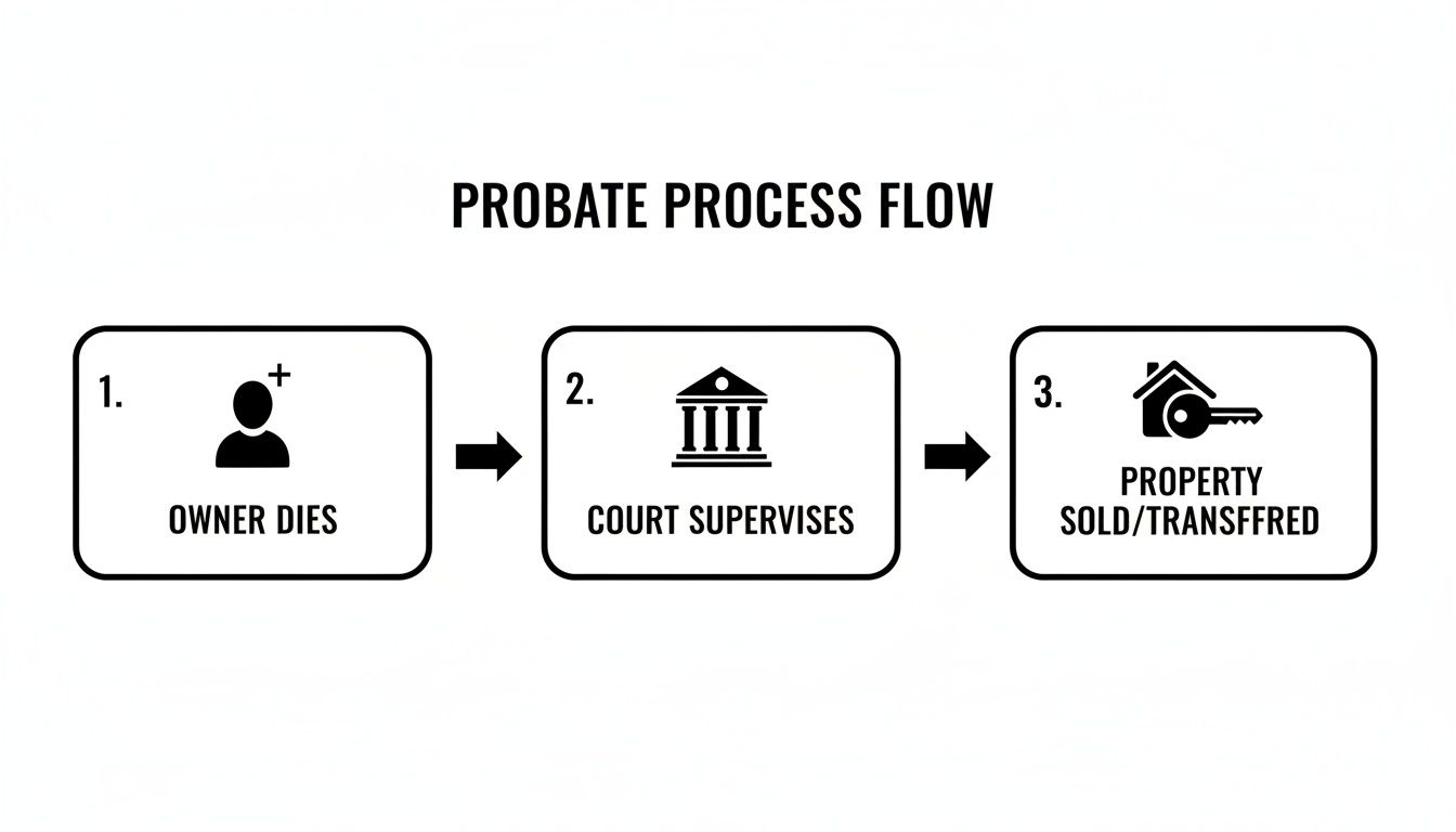 Flowchart illustrating the three-step probate process: owner dies, court supervises, and property sold or transferred.