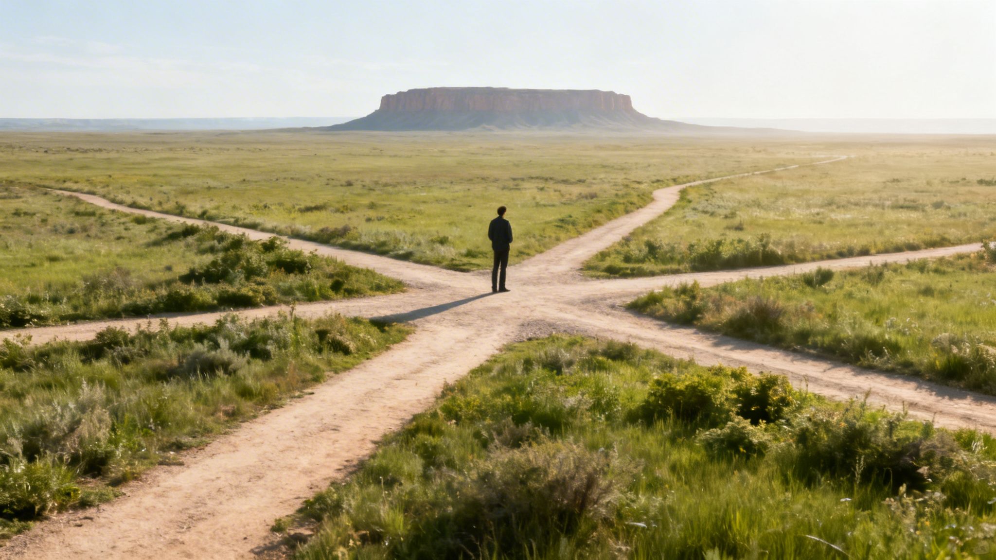 A person standing at a four-way dirt road intersection in a vast, empty prairie landscape.