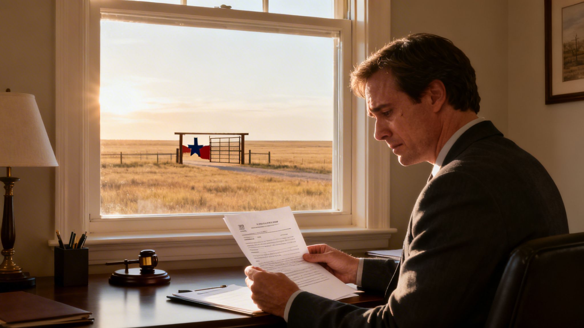 A professional man reviewing legal documents in an office with a view of a Texas field.
