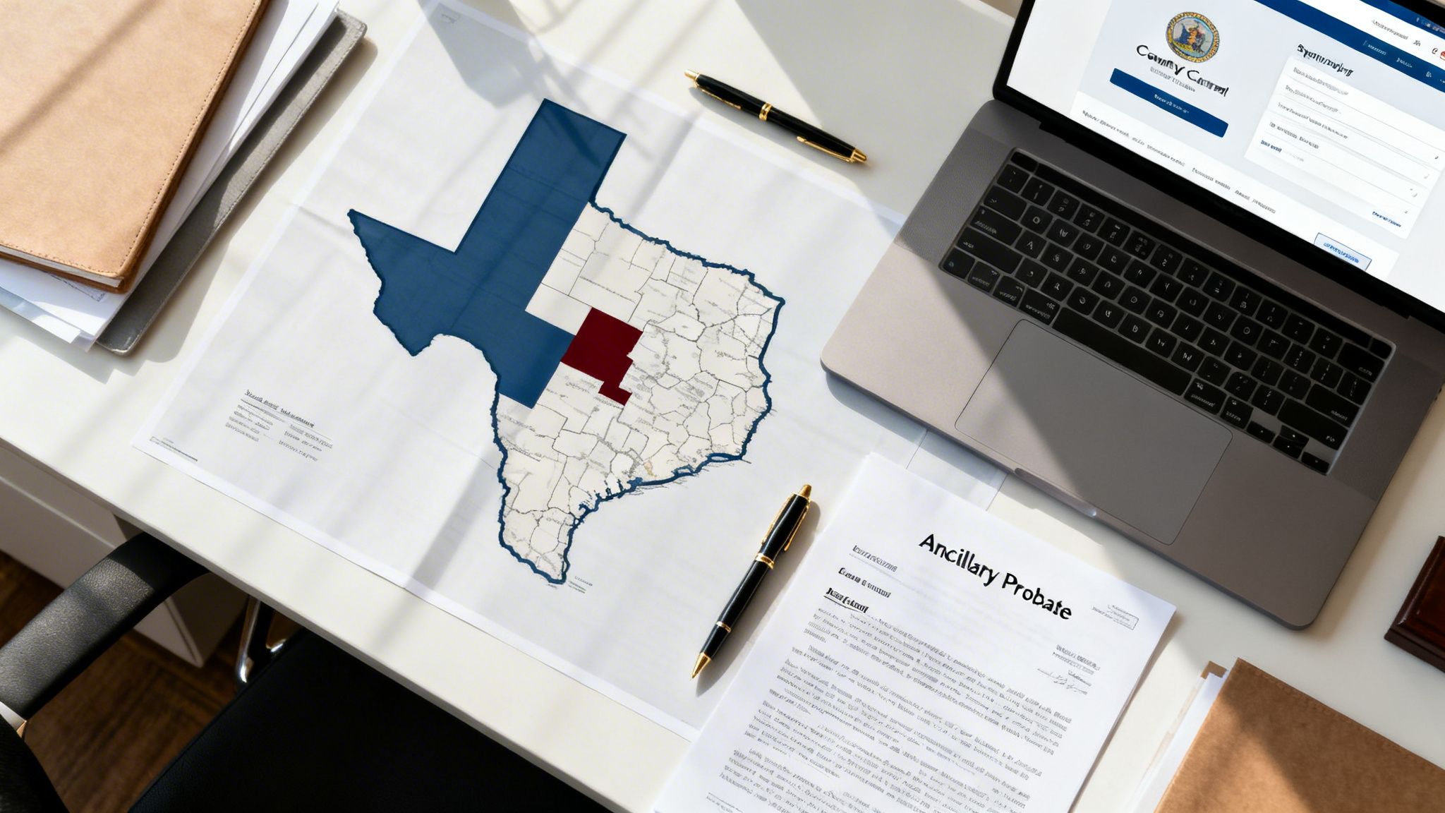 Ancillary probate documentation featuring a Texas map with specific counties highlighted on a professional office desk.