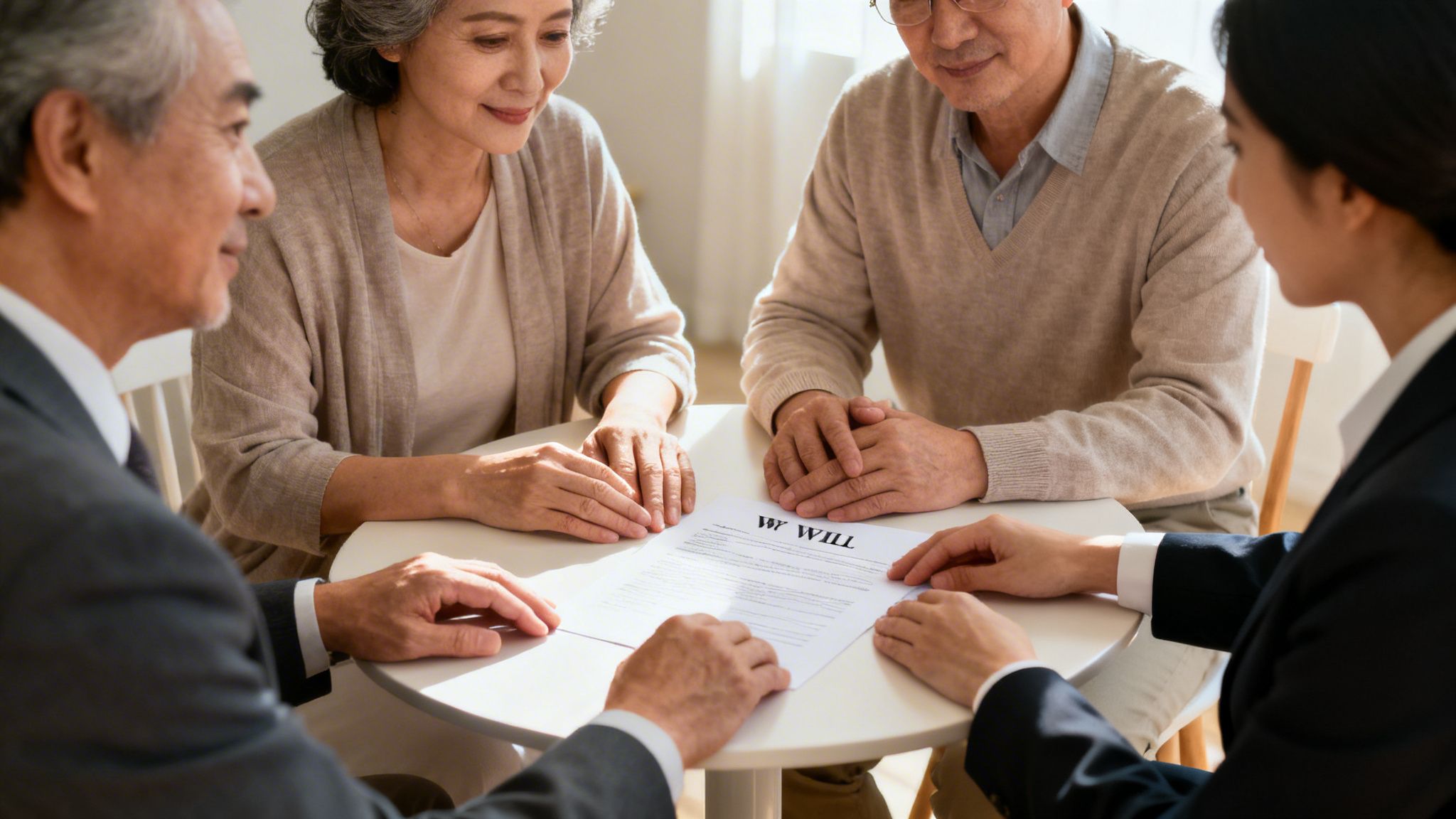 Elderly Asian couple consults with legal professionals about their will and estate planning.