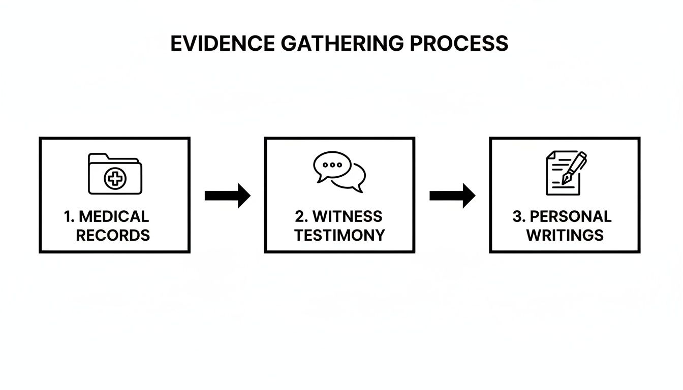 Diagram illustrating the evidence gathering process with three steps: medical records, witness testimony, and personal writings.