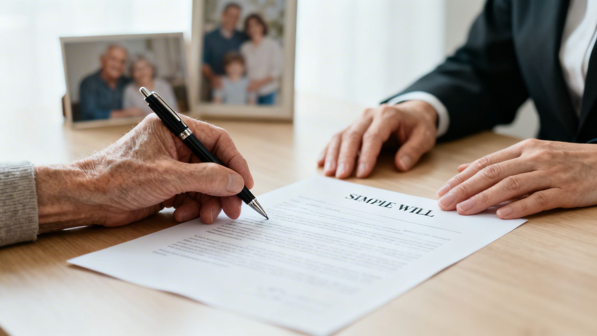 An elderly person's hand signs a 'Simple Will' document, with a legal advisor and family photos in the background.