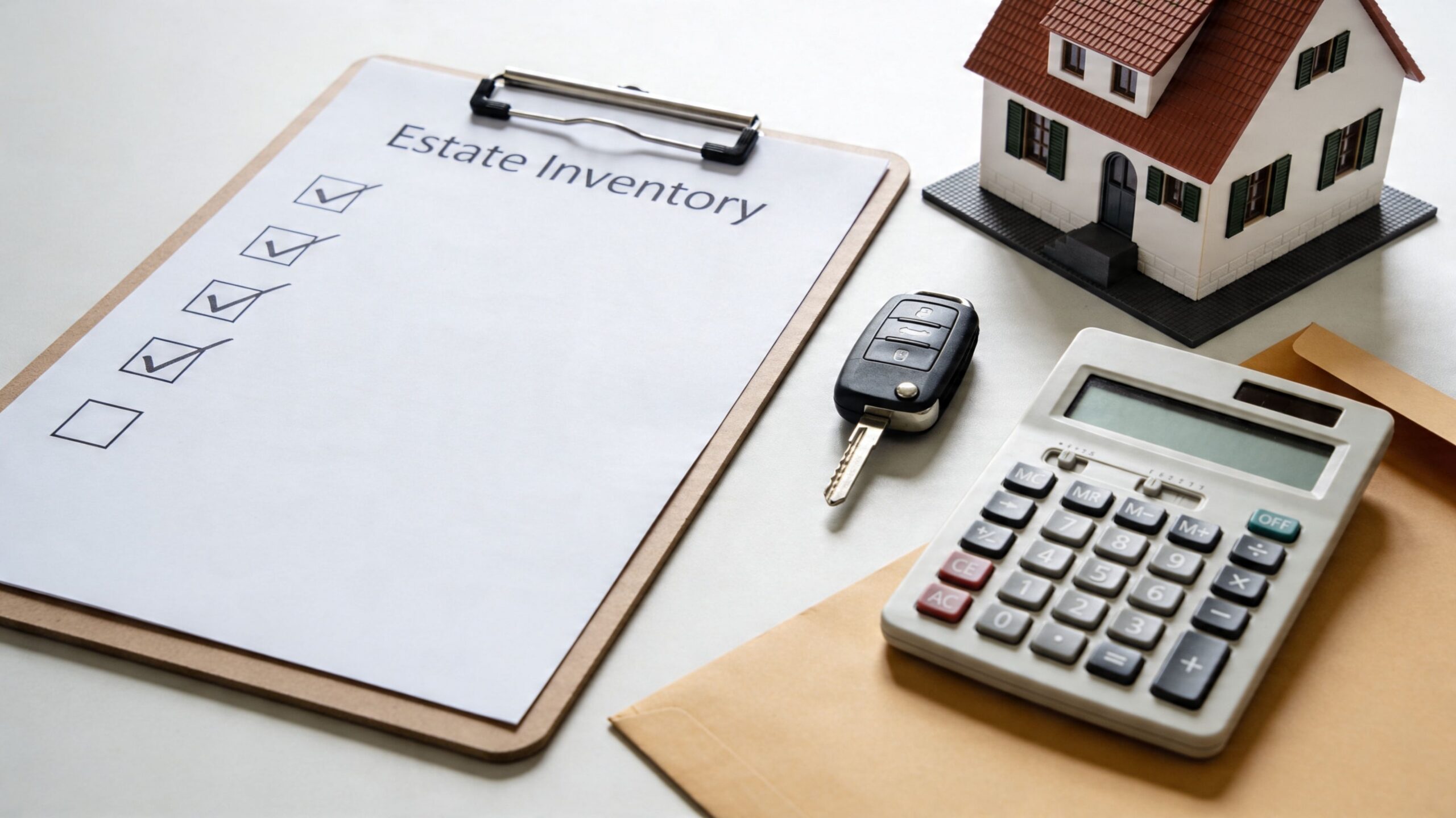 A clipboard with an estate inventory checklist, a toy house, a car key, and a calculator on a table.