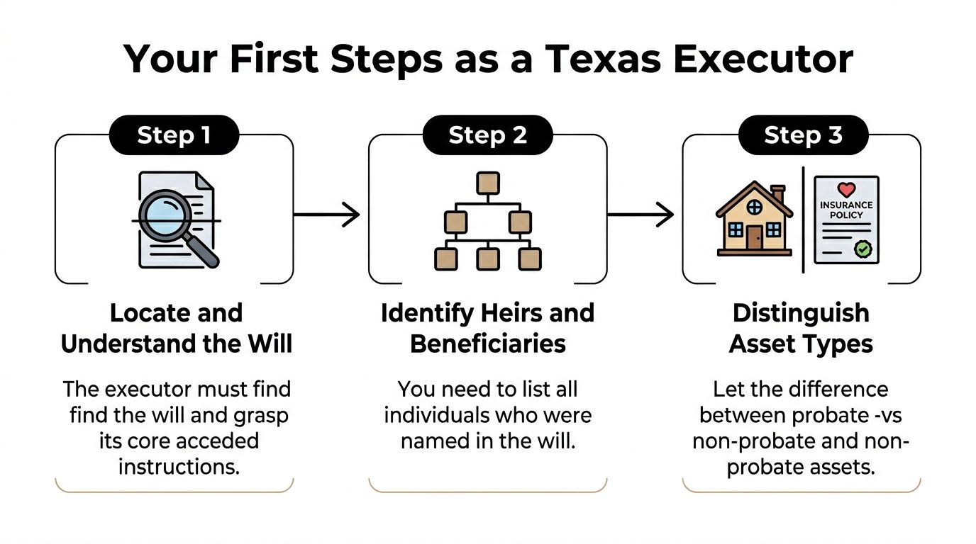 An infographic showing the three essential first steps for a Texas executor during the probate process.