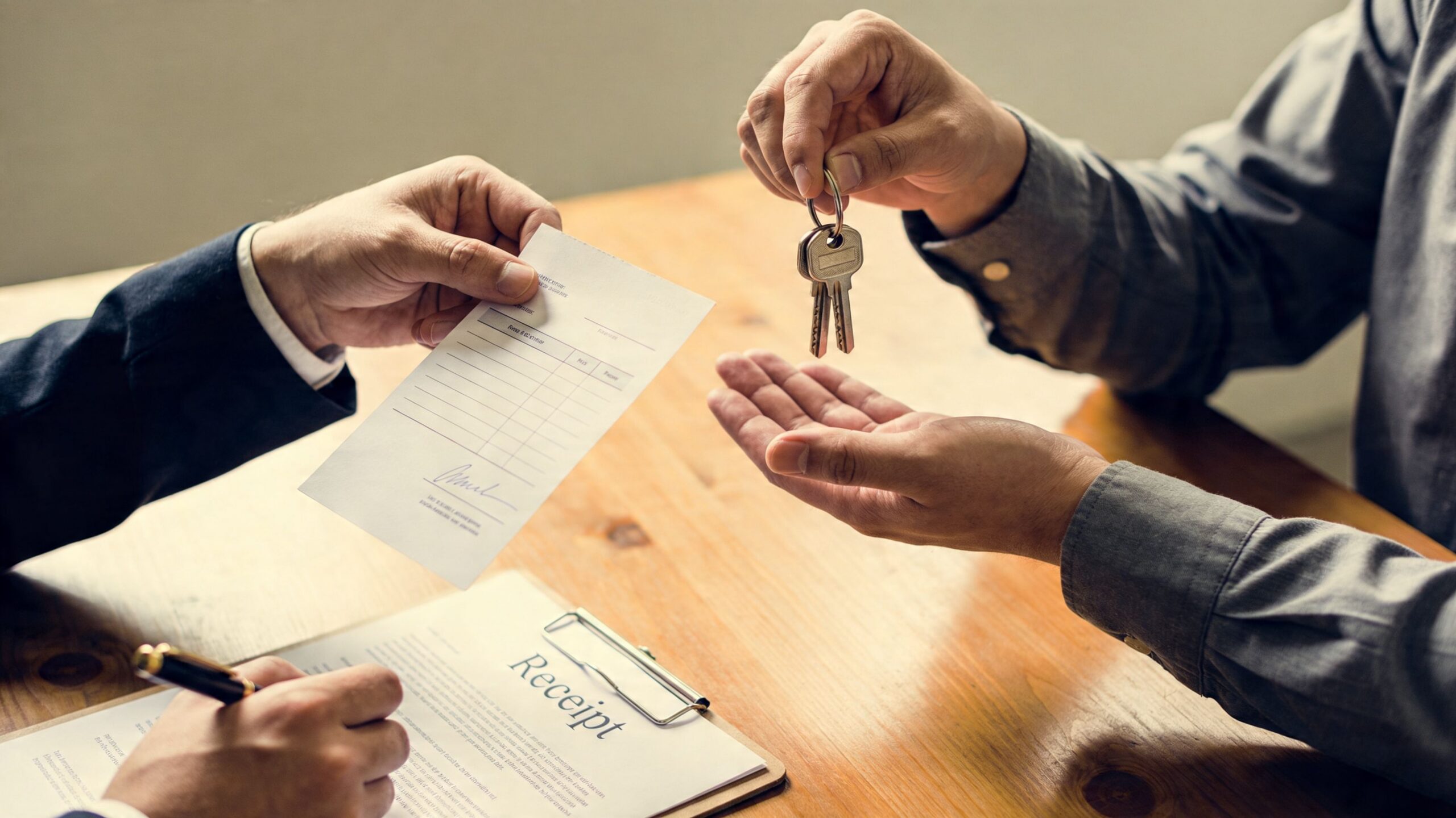 A professional handing over a receipt and keys to a client during a real estate transaction.