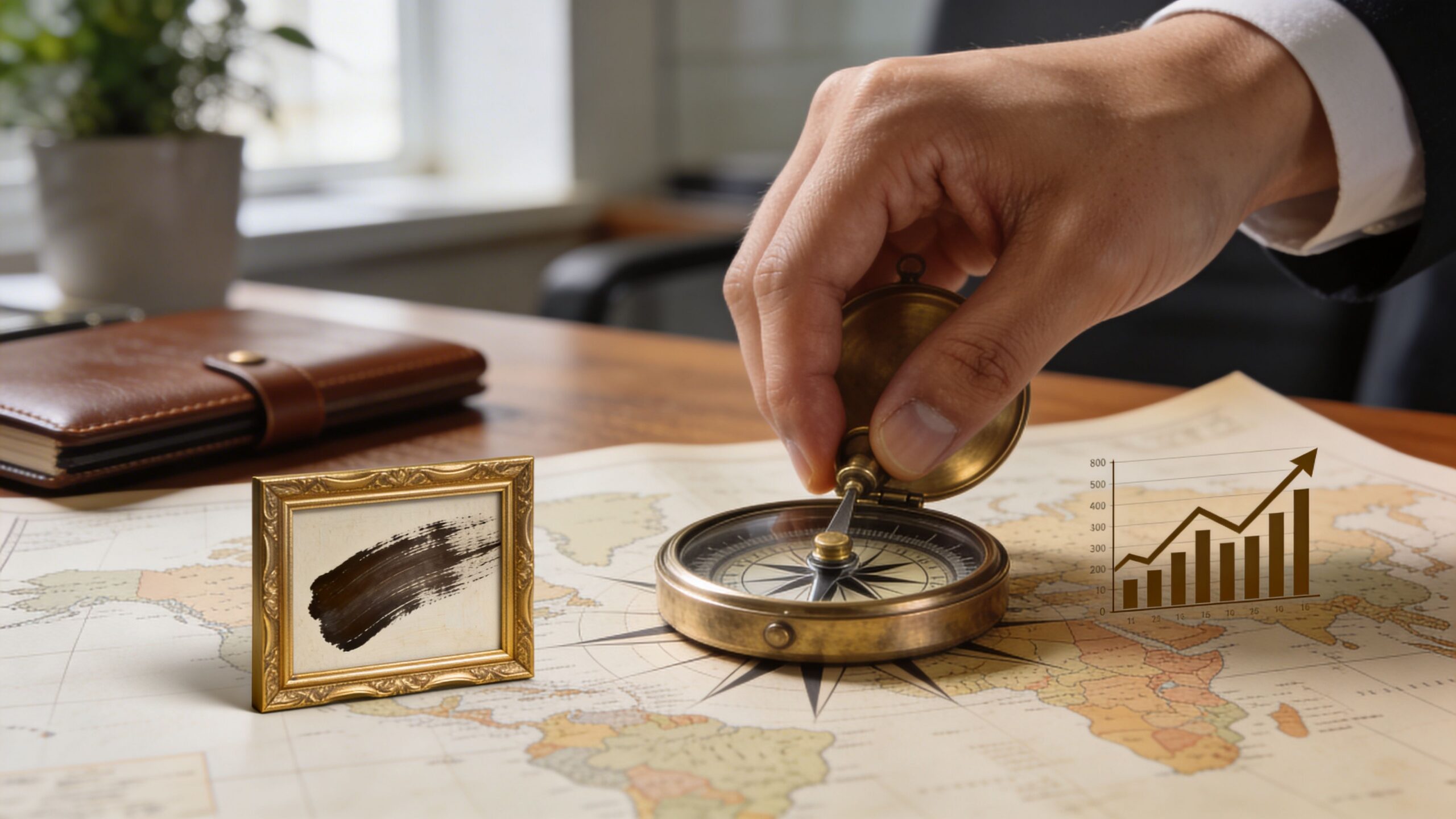 A businessman's hand placing a vintage compass on a map with a financial growth chart overlay.