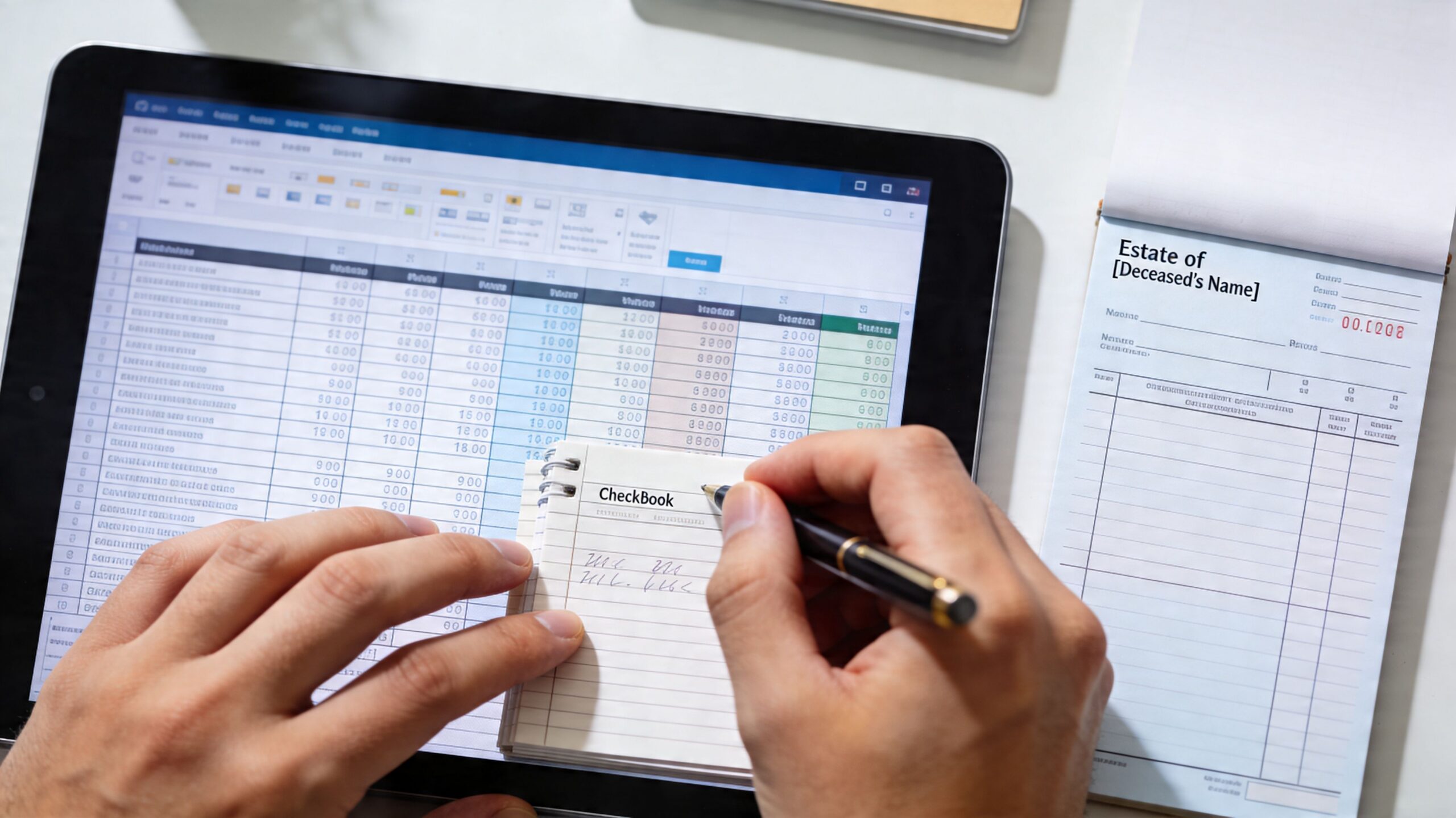 A person writing in a small checkbook while viewing financial spreadsheet data on a digital tablet.