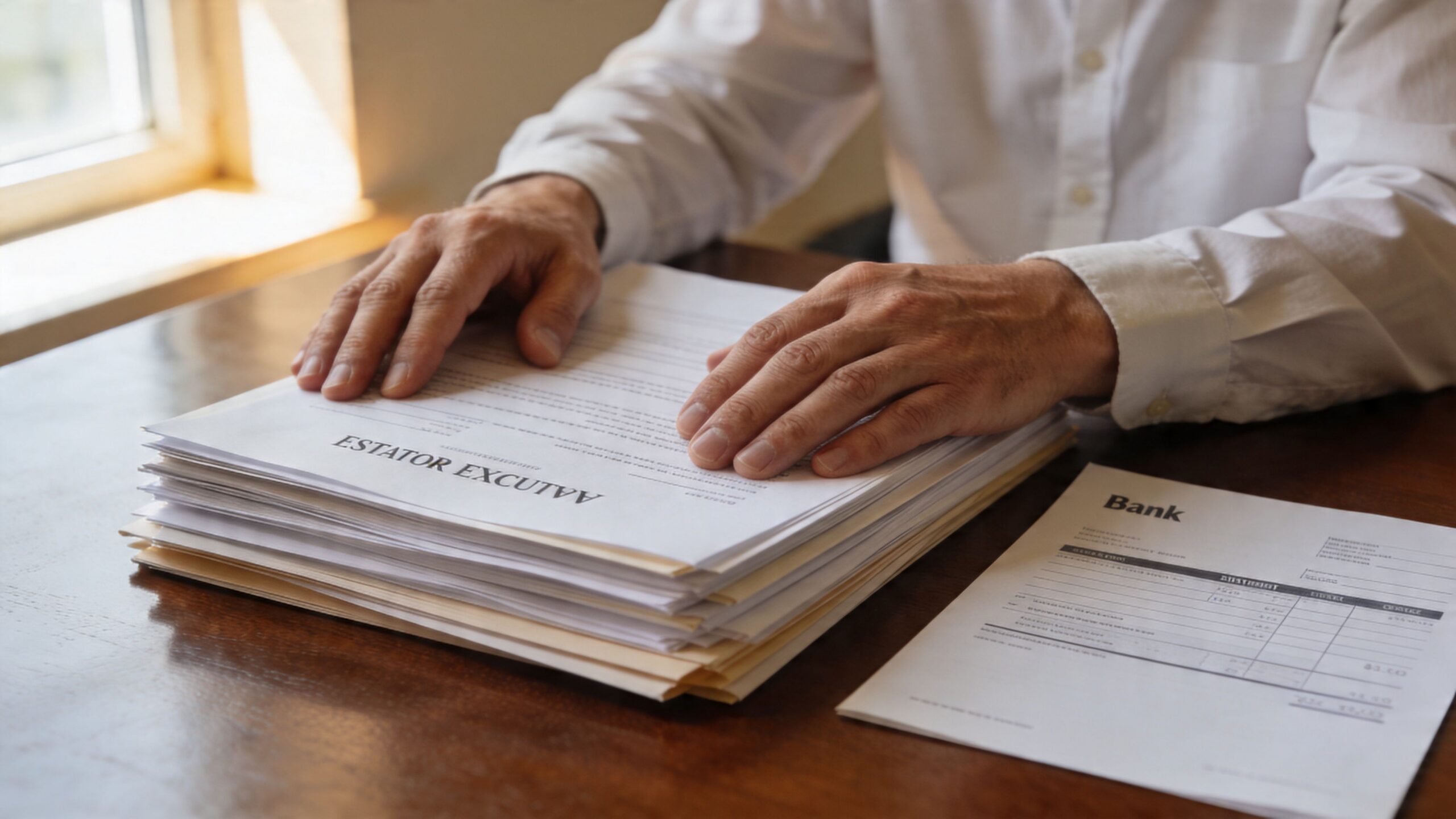 A person in a white shirt sits at a wooden table reviewing estate documents and bank papers.