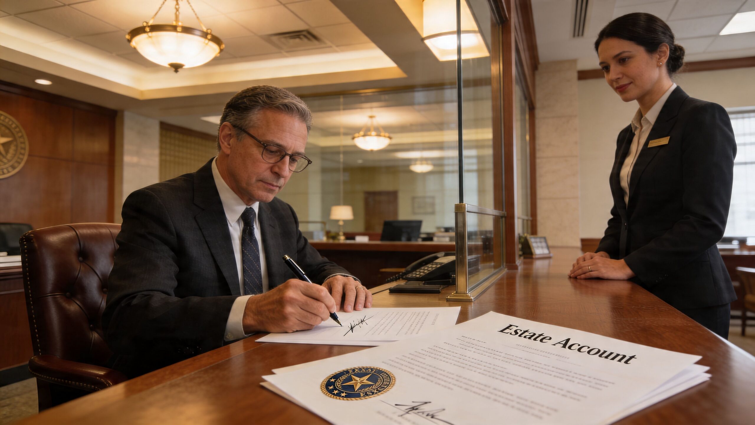 A man in a suit signing an estate account document at a bank with an employee standing nearby.