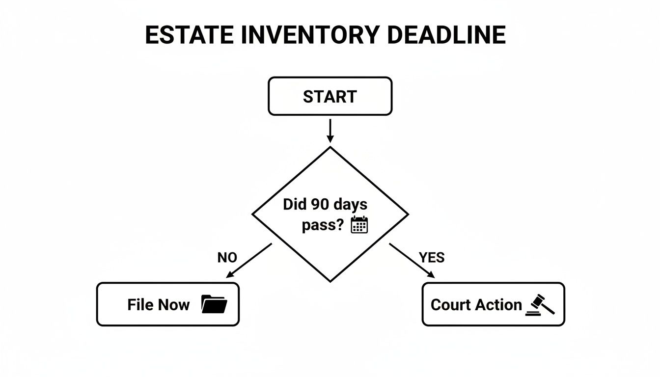 Flowchart illustrating the estate inventory deadline process, showing actions based on a 90-day period.