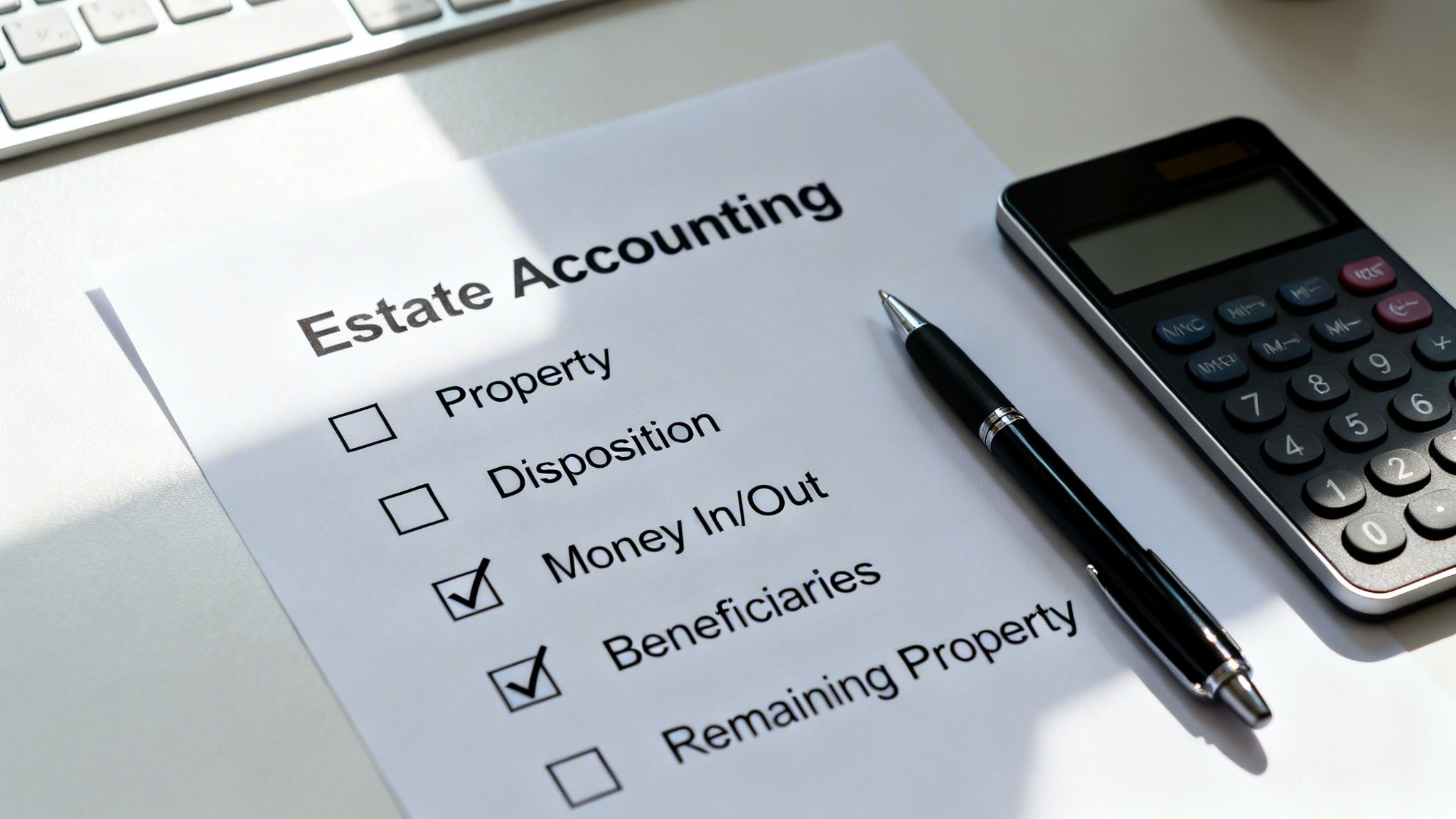Close-up of an Estate Accounting checklist with 'Money In/Out' and 'Beneficiaries' checked, next to a pen and calculator.