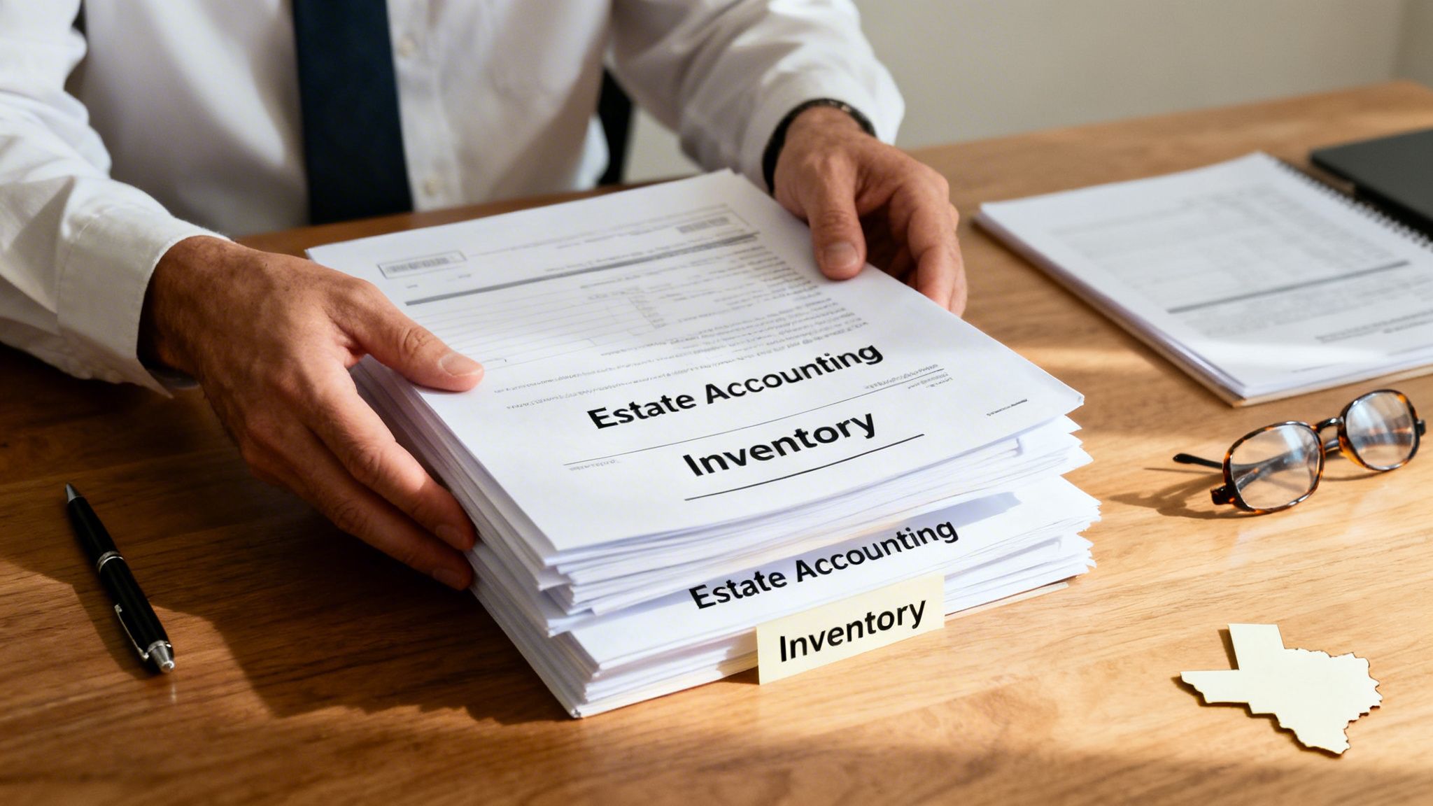Hands holding estate accounting and inventory documents on a desk with glasses, a pen, and a Texas shape.