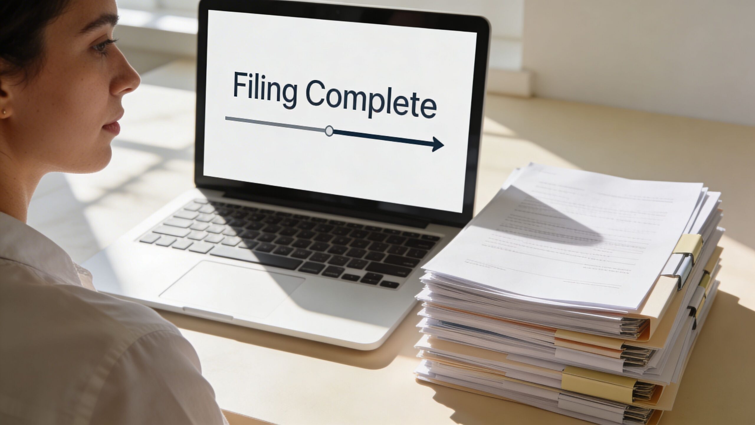 A woman working on a laptop showing a completed filing screen with a stack of documents nearby.