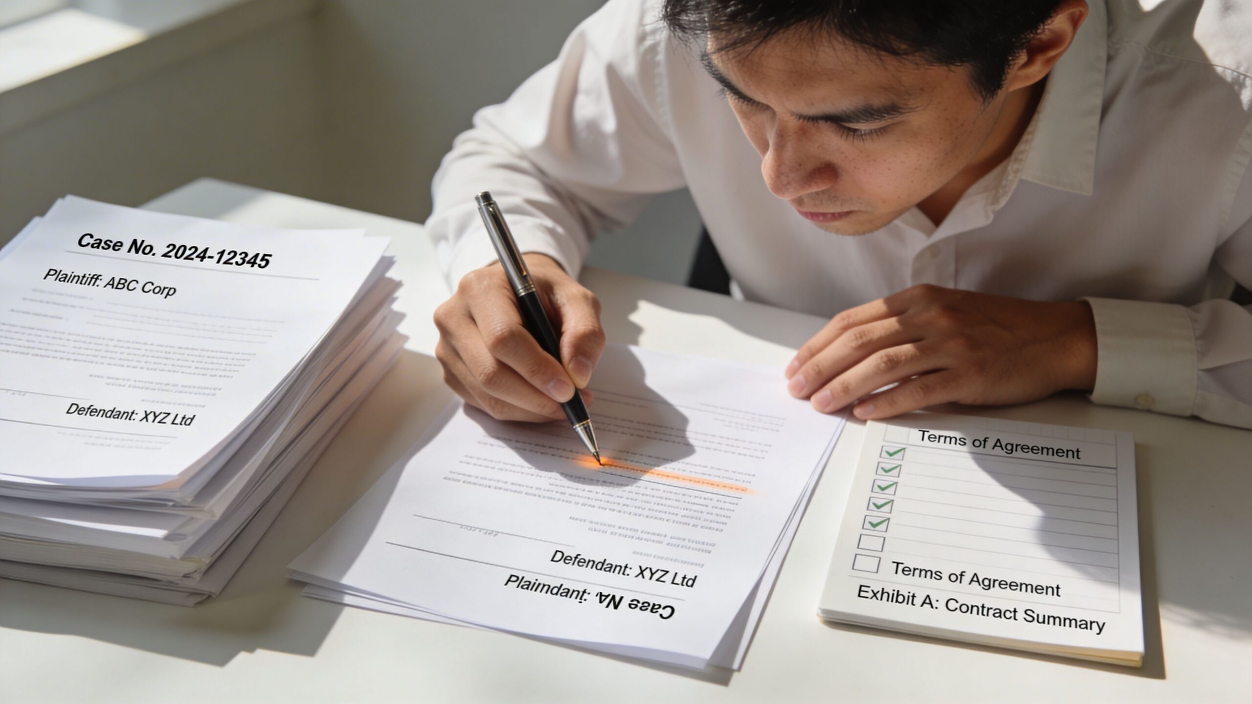 A professional man reviewing legal documents related to a case between ABC Corp and XYZ Ltd.