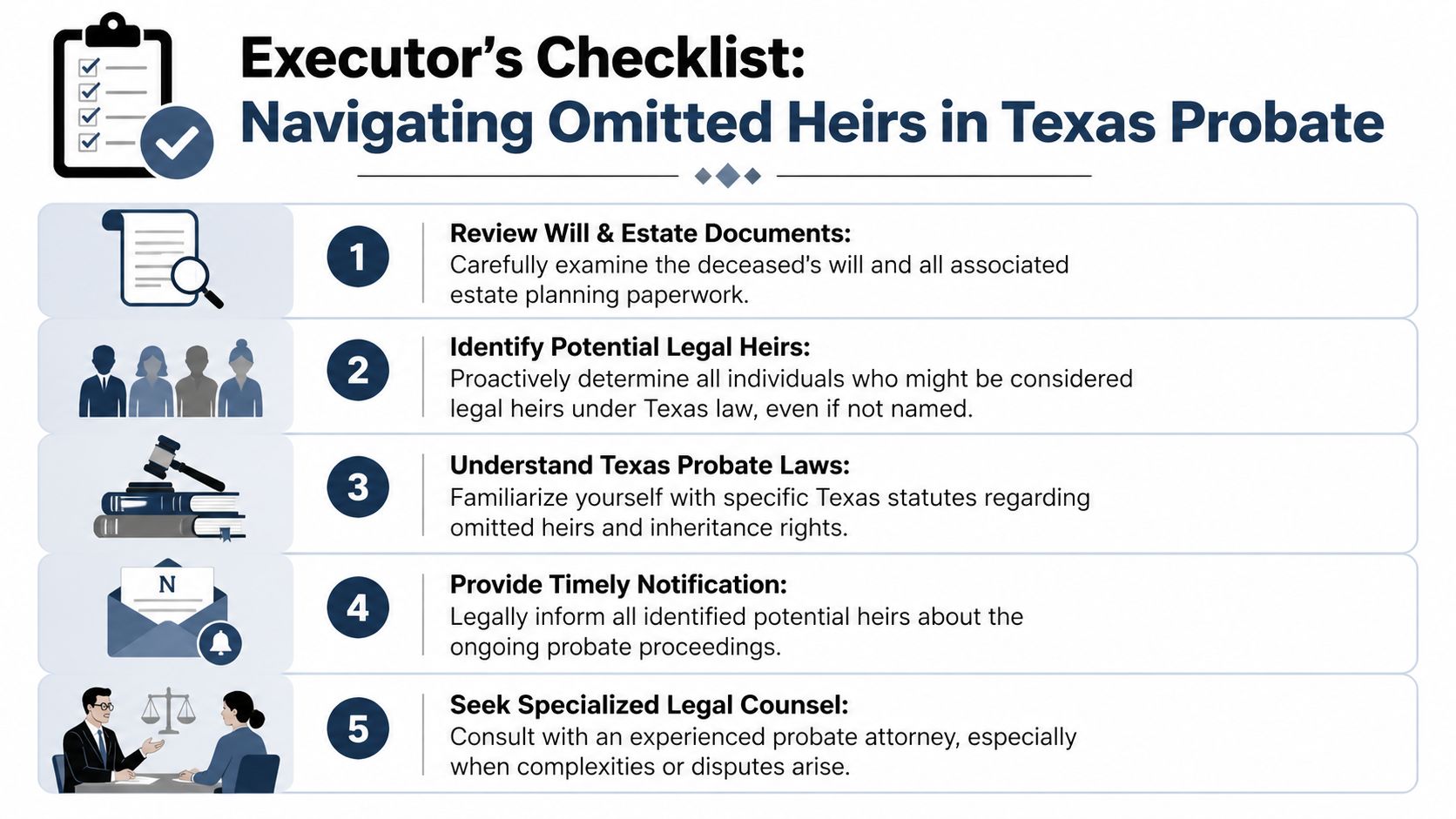 A five-step checklist for executors navigating the process of managing omitted heirs in Texas probate cases.