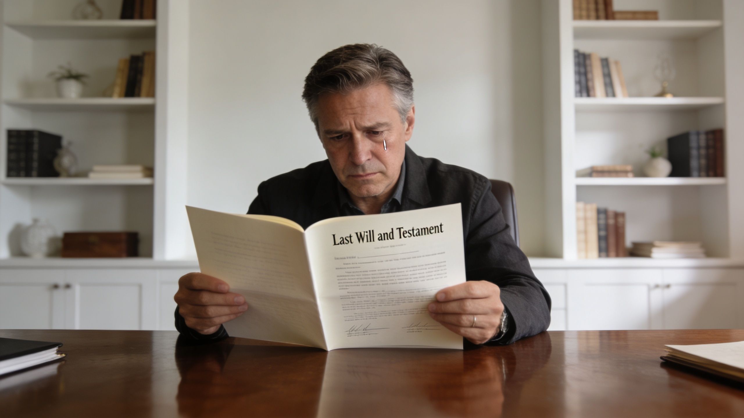 A sorrowful middle-aged man sits at a desk reading a Last Will and Testament document.
