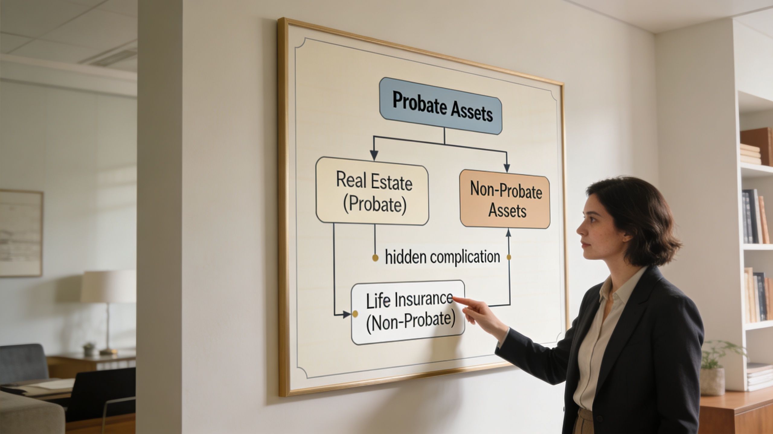 A professional woman pointing to an educational diagram explaining probate and non-probate assets in a boardroom.