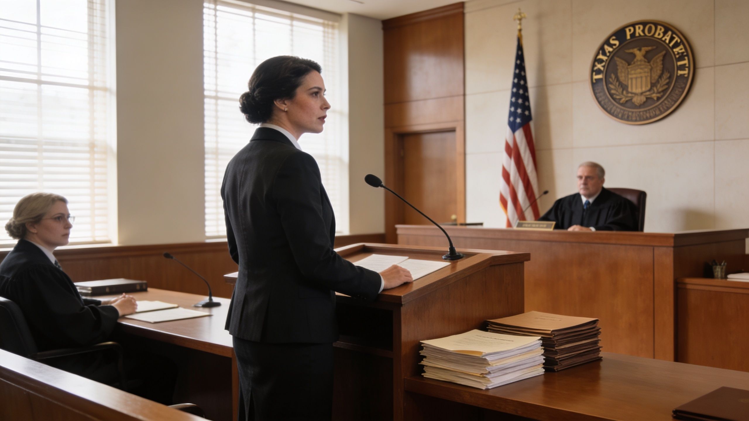 A female attorney standing at a wooden podium, presenting a case before a judge in a courtroom.