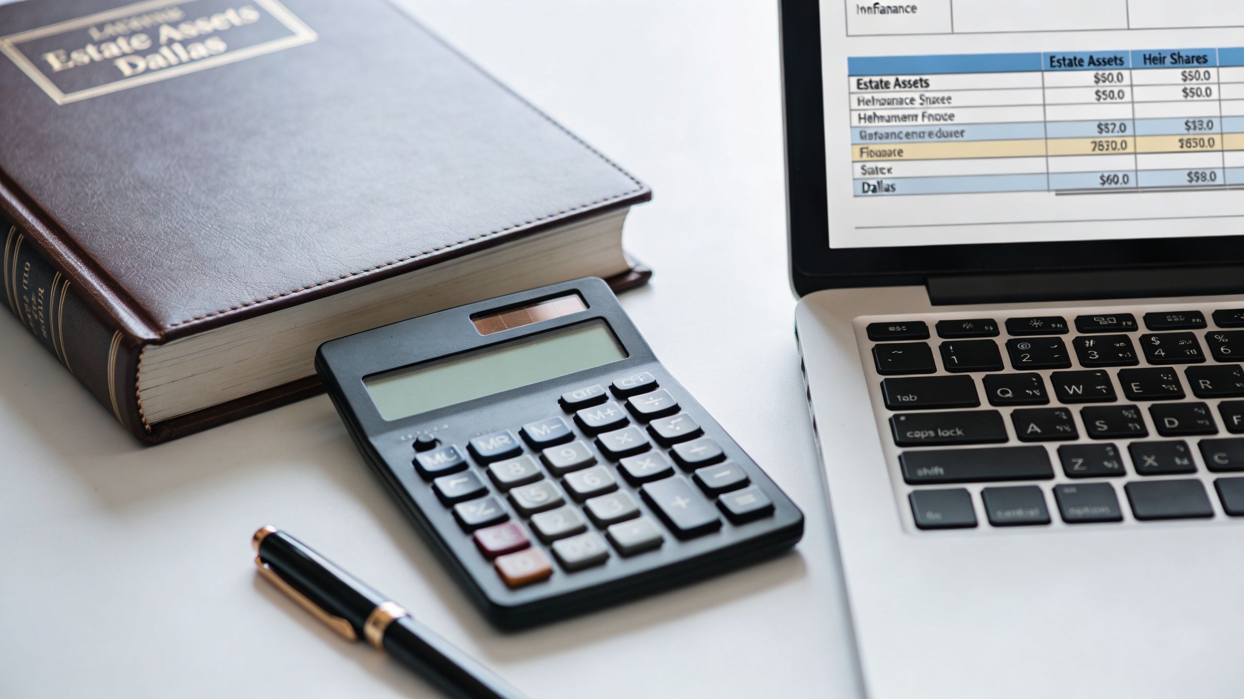 A leather book, a calculator, and a pen sitting next to a laptop displaying estate planning data.