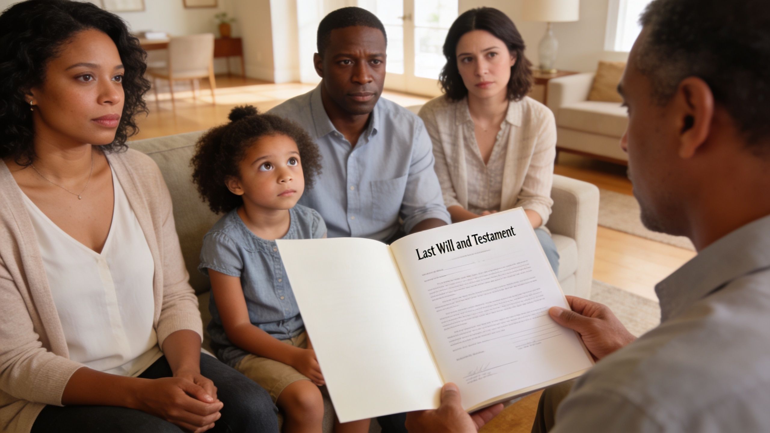 A professional attorney shows a Last Will and Testament document to a family during a legal consultation.