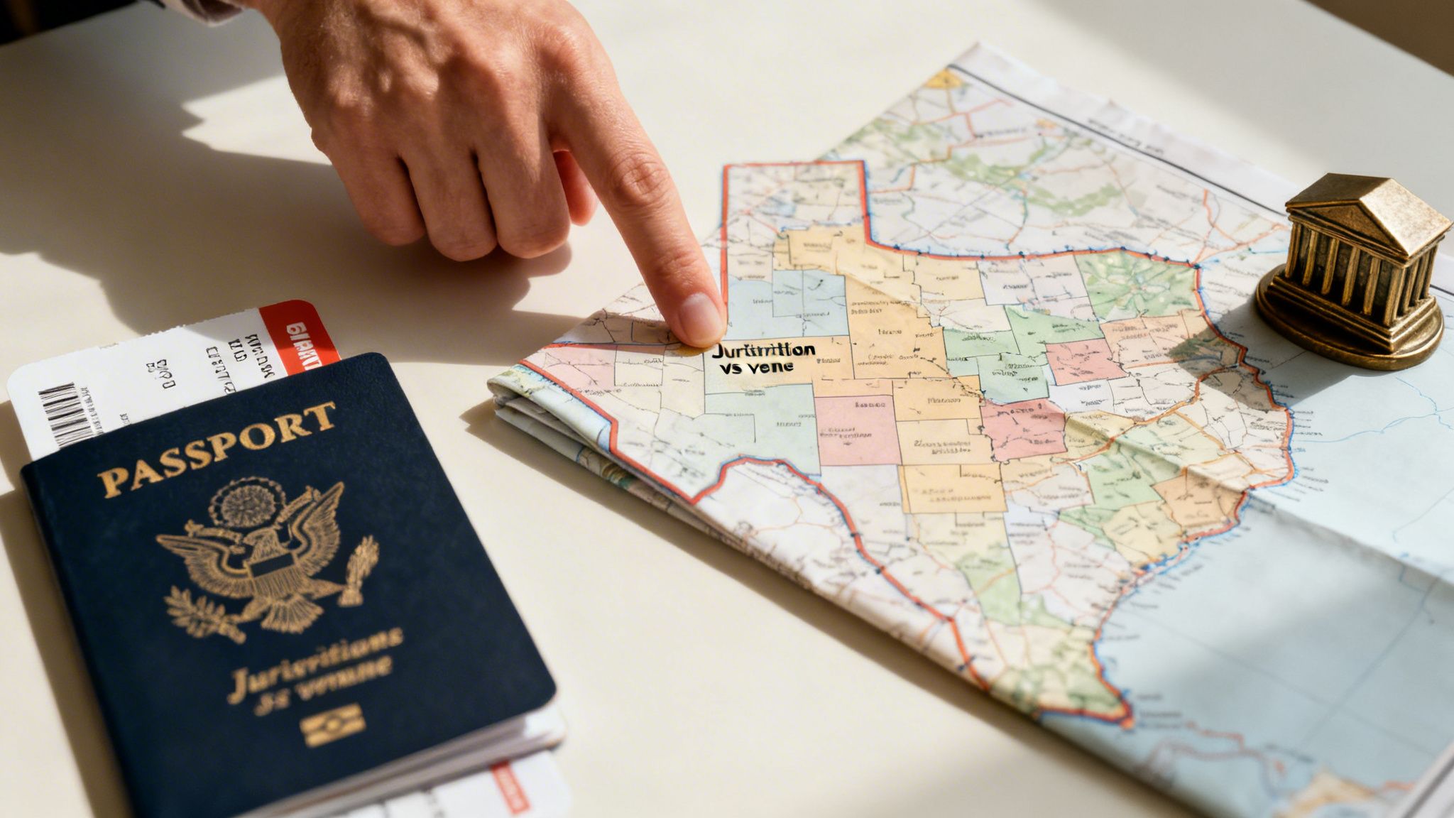 A hand points to a Texas map with 'Jurisdiction vs Vene' text, alongside a passport and travel ticket.