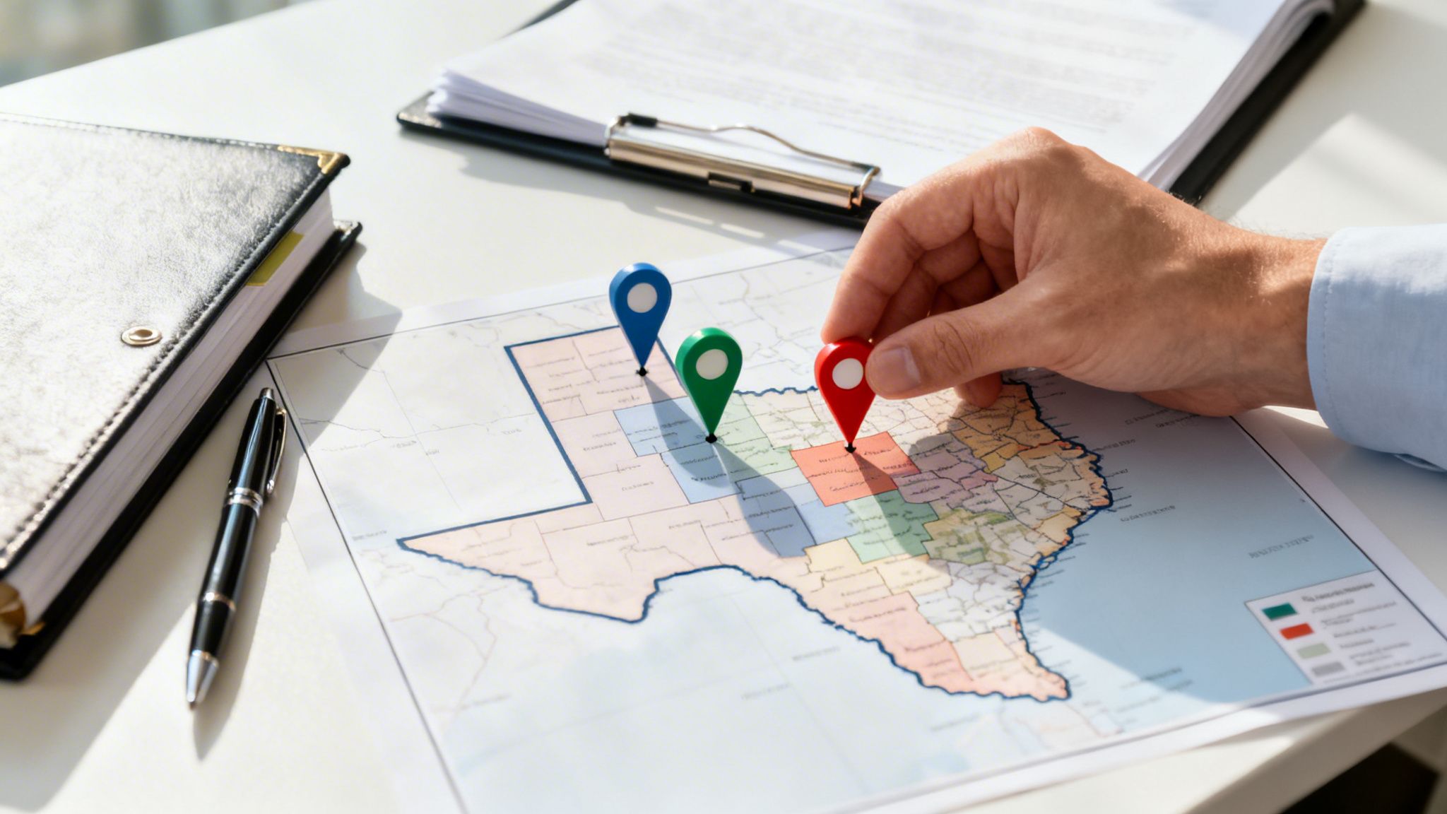 A hand places a red location pin on a detailed map of Texas with other colored pins, indicating key areas.